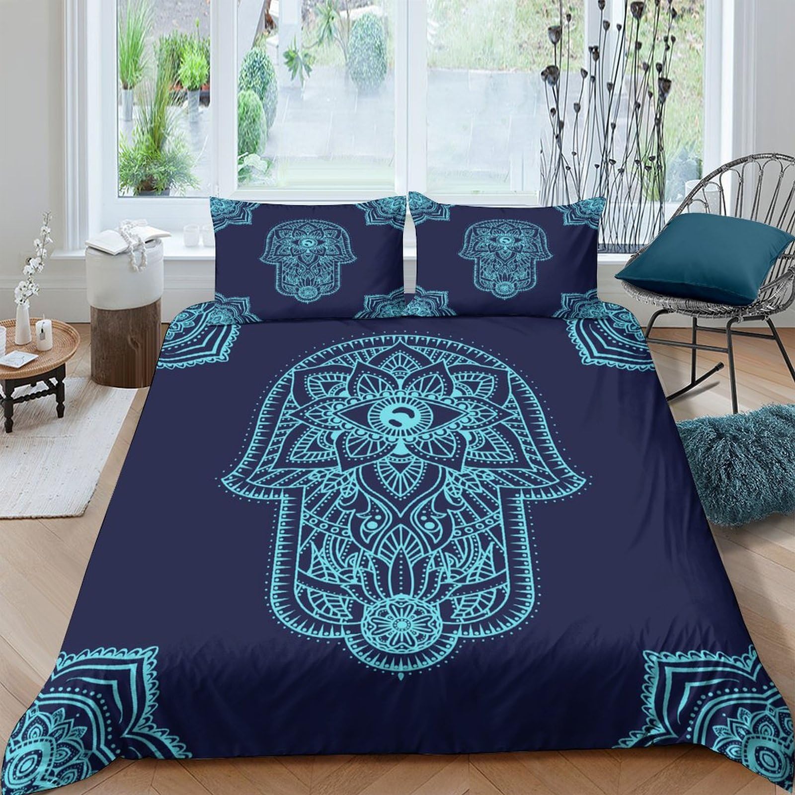 Ctjqhvkz Style-9 3D Printed Hamsa Hand Fitted Sheet Microfiber Soft Navy Blue Mandala Mattress Cover For Bedroom Dorm Decor Single（135X200cm）