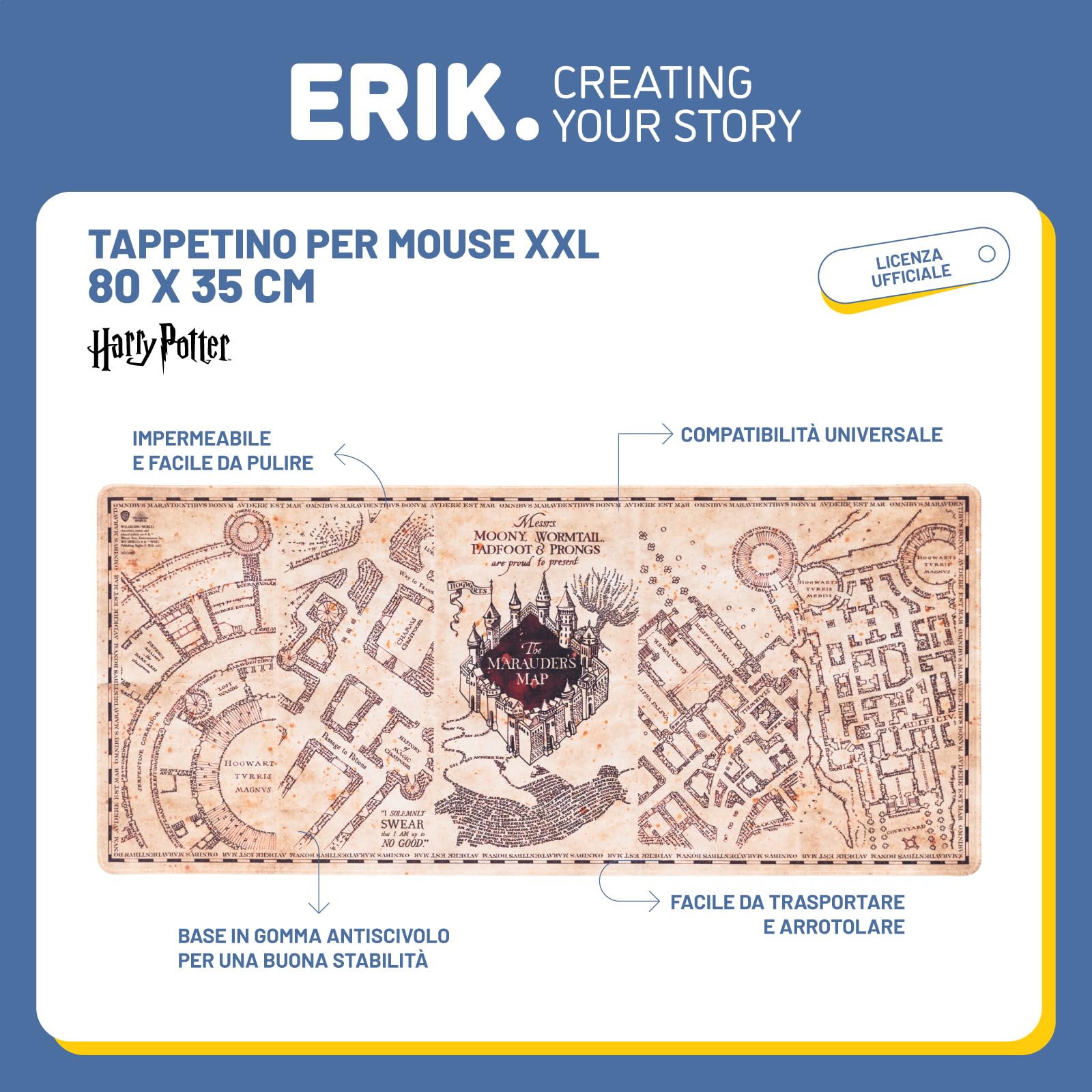 Grupo Erik Tappetino Mouse Harry Potter XXL, Mappa del malandrino - Tappetino Scrivania Impermeabile e Antiscivolo 80x35cm | Mousepad, Accessori Gaming per Scrivania