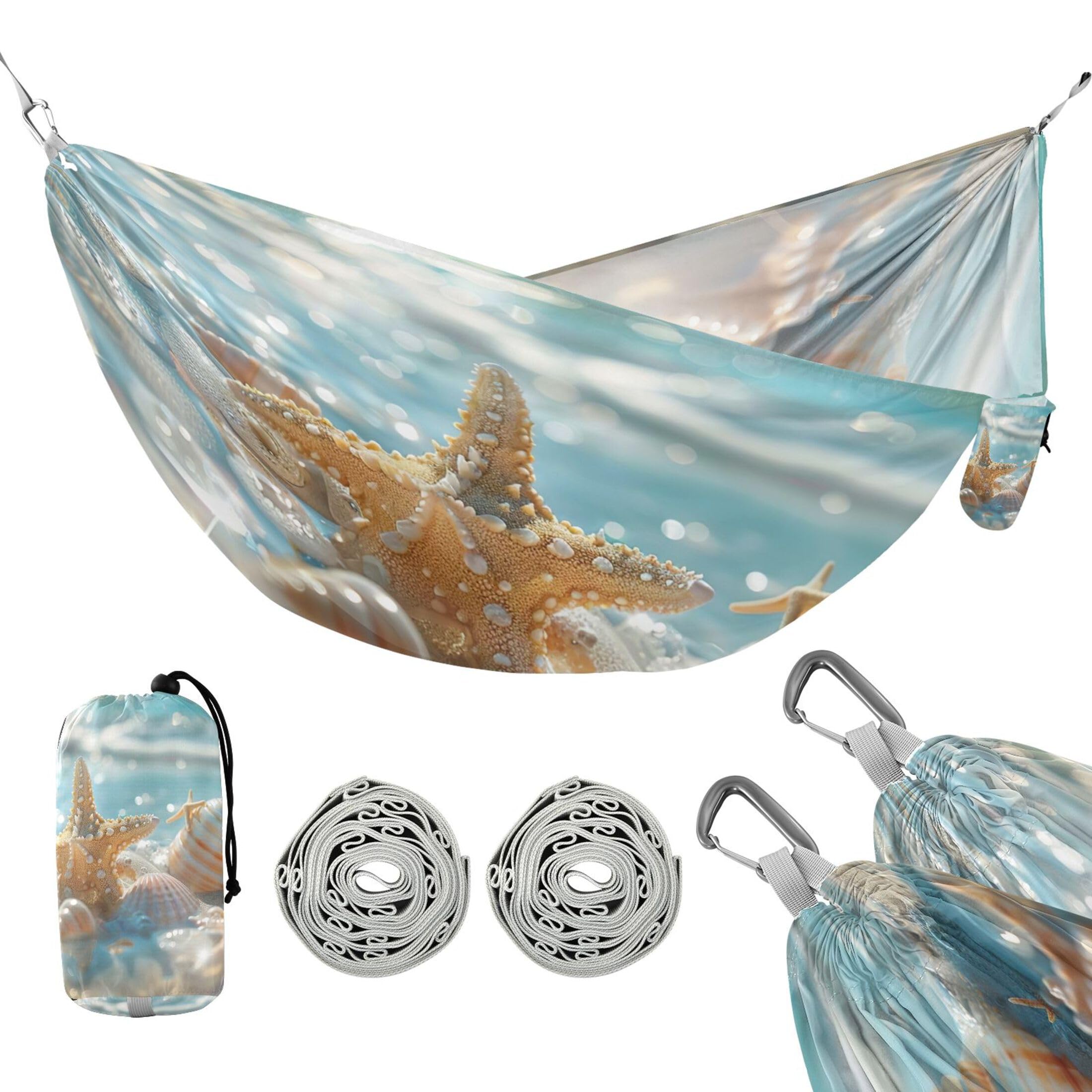 Takiito Seashells at Beach Hammock 330 lb Capacity Travel Camping Hammock with Tree Straps, Portable Lightweight for Outdoor Beach Backpacking Backyard Patio