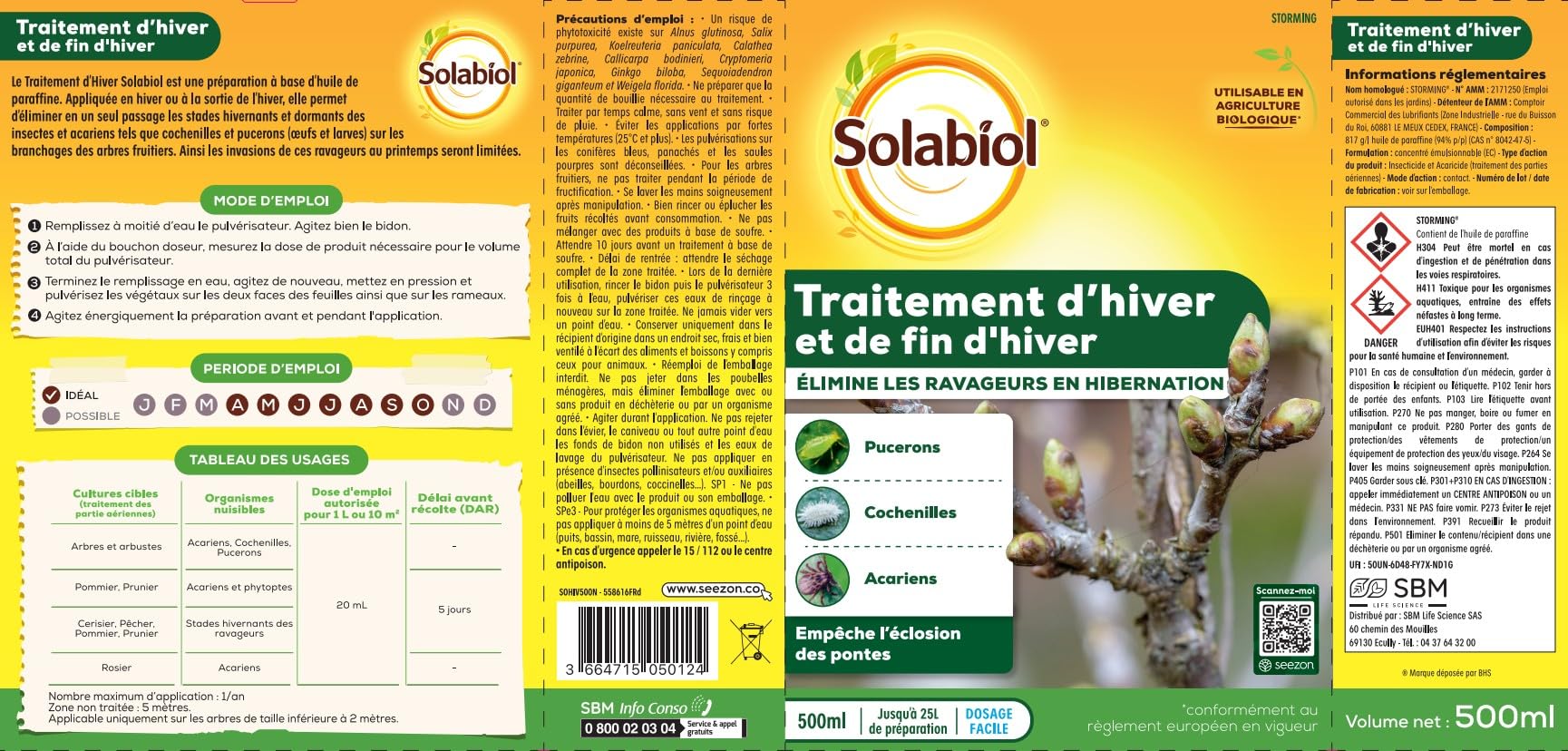 SOLABIOL Traitement D'Hiver & De Fin D'Hiver - 500ml - Traitement Préventif - Elimine Œufs & Larves - Jusqu'à 25L De Solution SOHIV500N