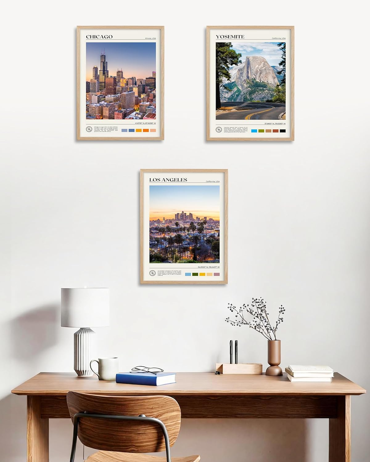 HesenDot Natural OAK Wood Los Angeles Cityscape Framed Wall Art,12x16in City Skyline Canvas Wall Print,Modern Urban Landmark Wall Decor for Living Room,Bedroom,Office Gallery Gifts Set of 1
