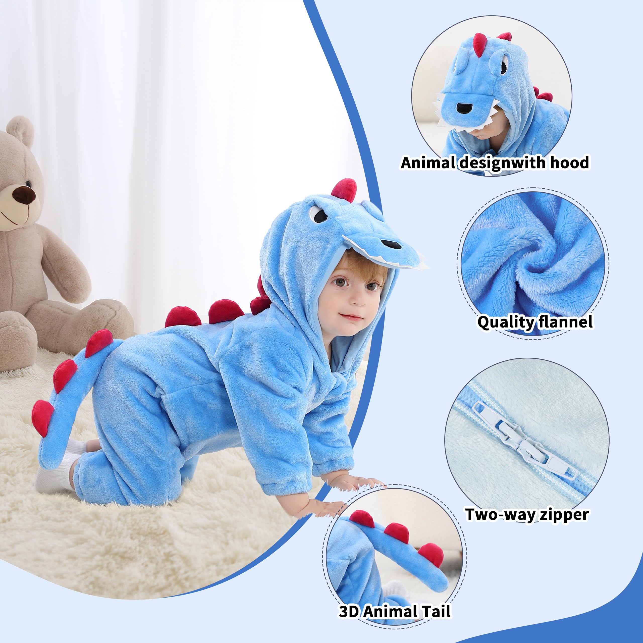 LOLANTA Costume da Dinosauro per Bambino Unisex, Costume da Animale con Cappuccio per Bambino, Tuta Sindacale in Flanella, Blu, 3-4 anni