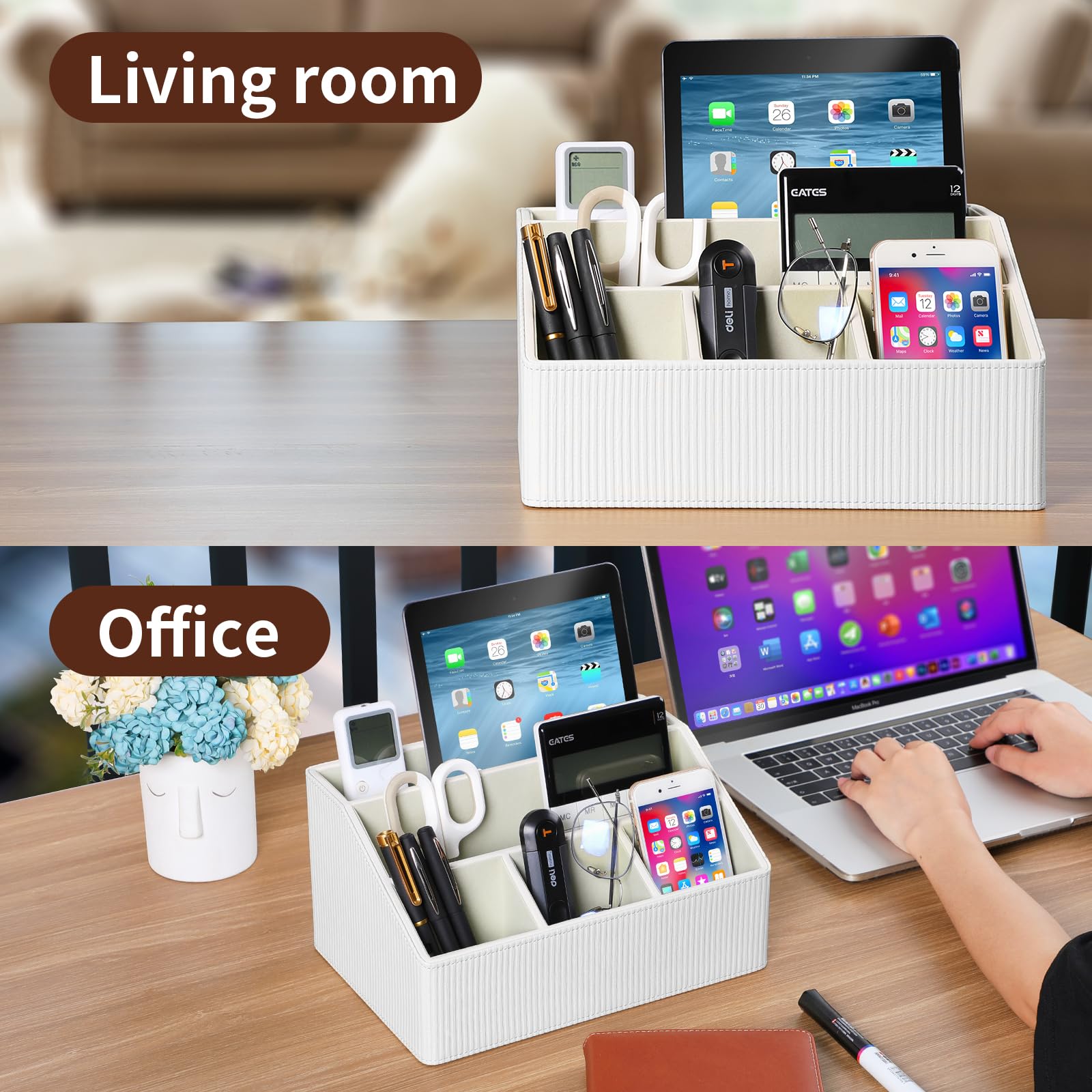Organizador de escritorio de piel sintética con posavasos, caja de almacenamiento multifuncional con 5 compartimentos, accesorios de oficina, bolígrafo, lápices, tarjetas de identificación