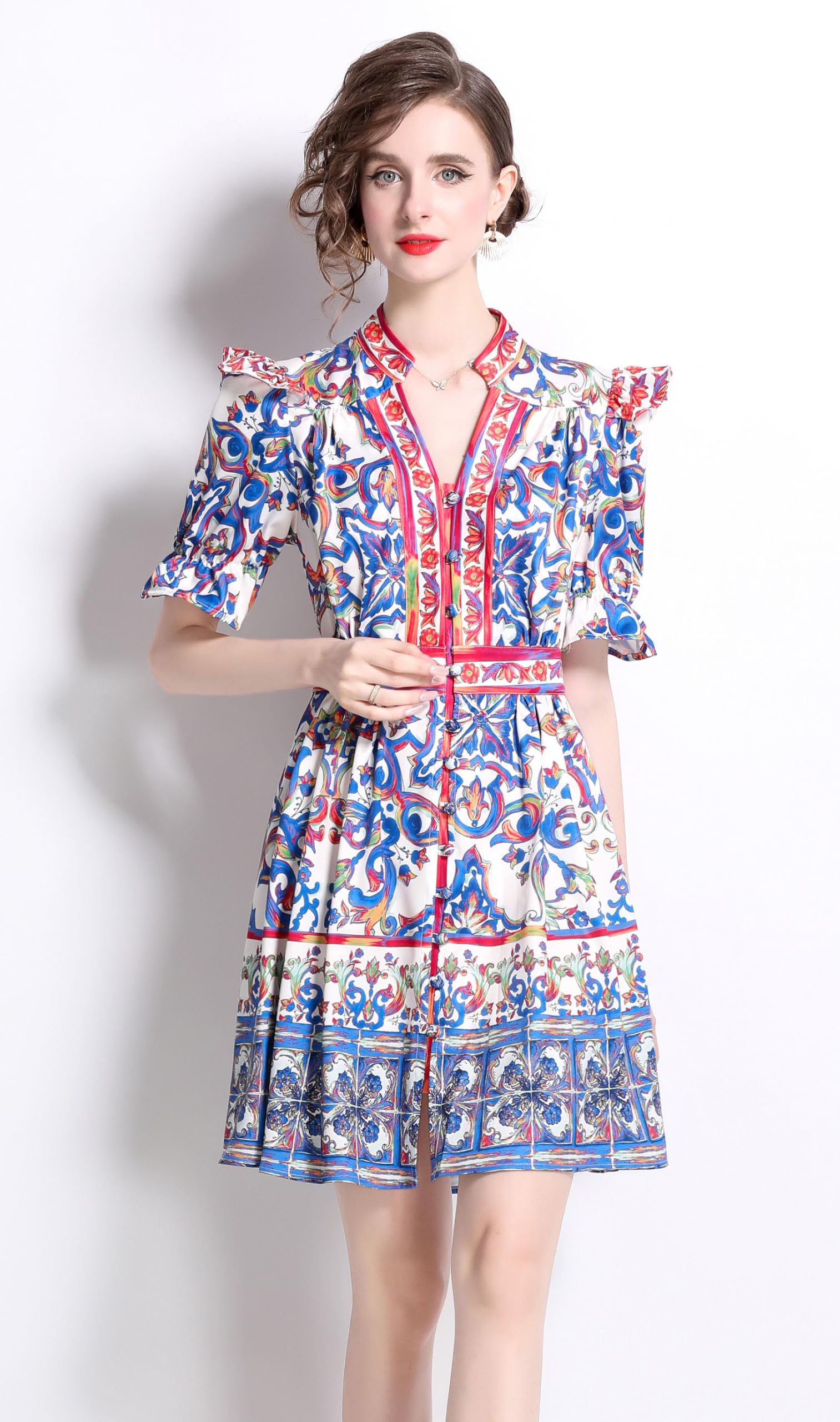 LAI MENG FIVE CATS Vestido corto para mujer, con estampado floral, manga farol, volantes, casual, con botones, cinturón, ajuste holgado
