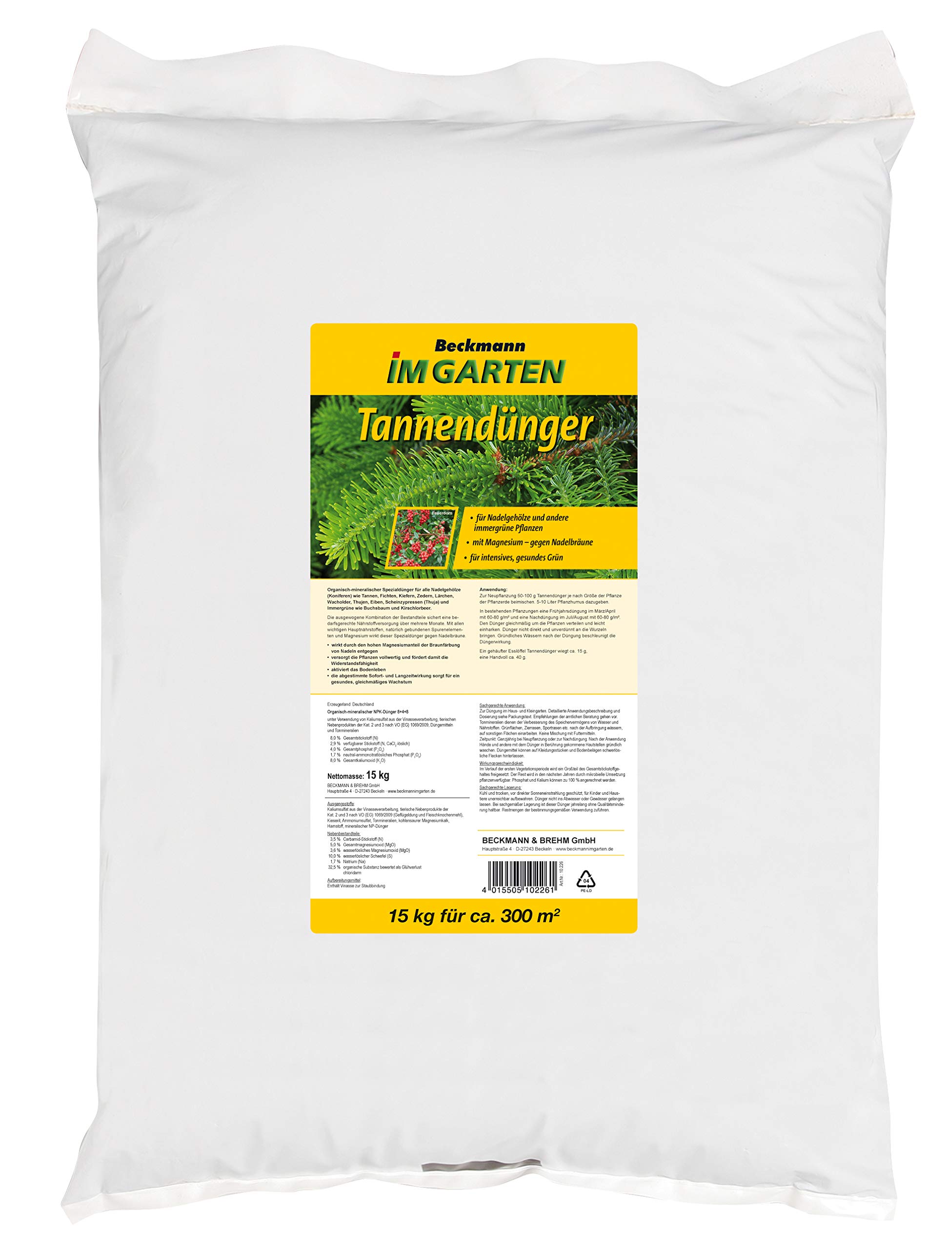 Beckmann Tannendünger 15 kg Koniferendünger, organisch-mineralischer NPK-Dünger 8+4+8 mit 5% Magnesium