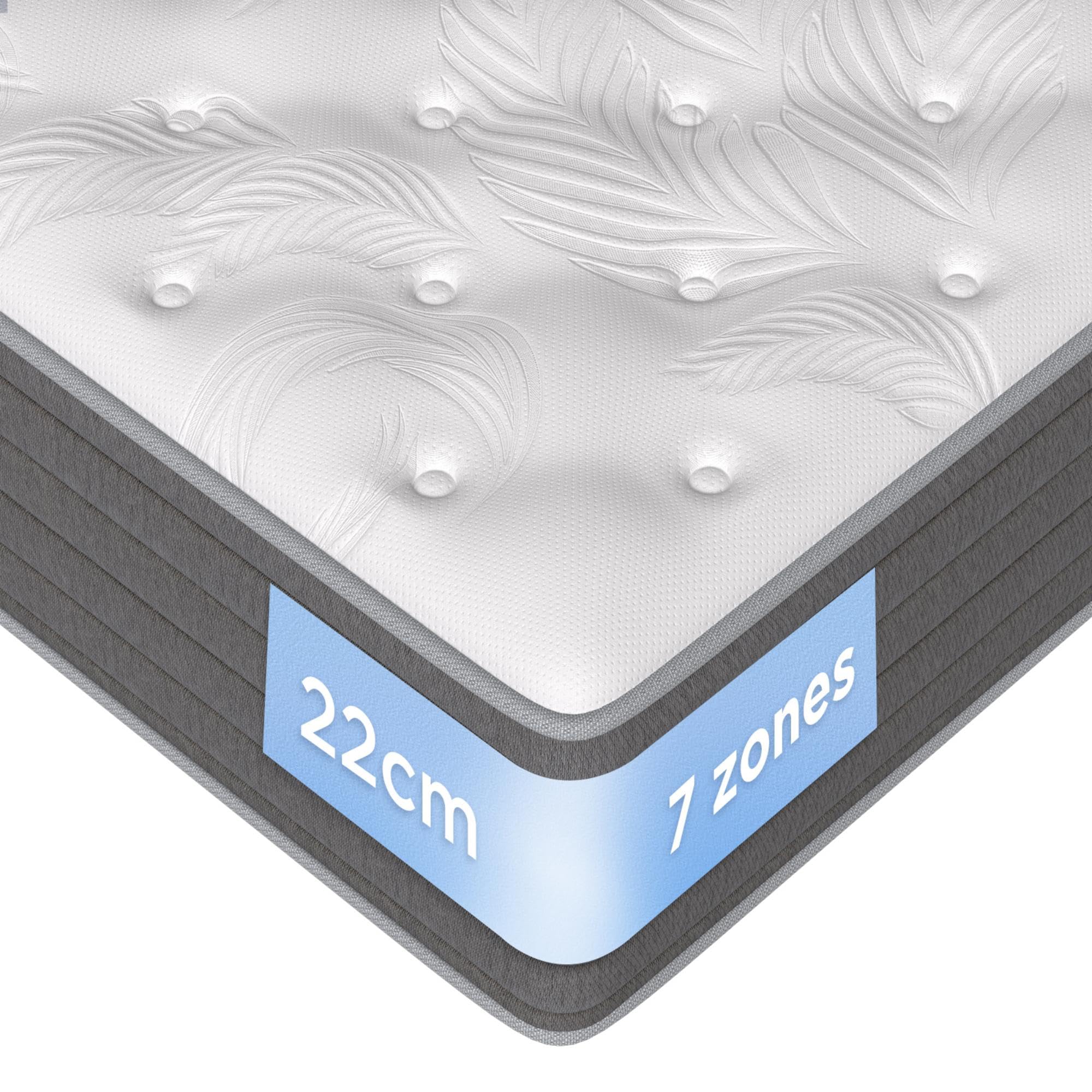Matelas 140x190 cm, Épaisseur 22cm, Hybride Matelas à Ressorts ensachés, Moyenne Ferme H3, Soutien Parfait 7 Zone avec Mousse de Confort, Respirant, Certifié Oeko-TEX