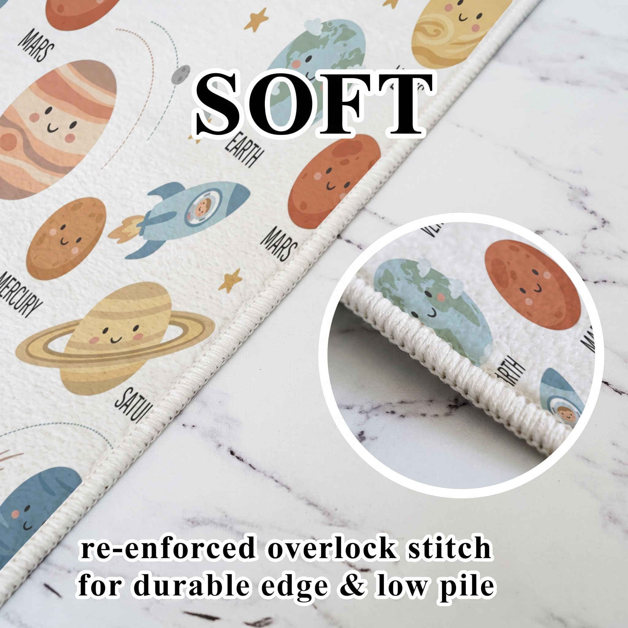 Tapis Rond Lavable Planètes du Système Solaire Fusées 180cm | Tapis Univers De Dessin Animé Mignon Antidérapants Salon Lavable en Machine pour pour Salle à Manger, Entrée, Cuisine, Blanc