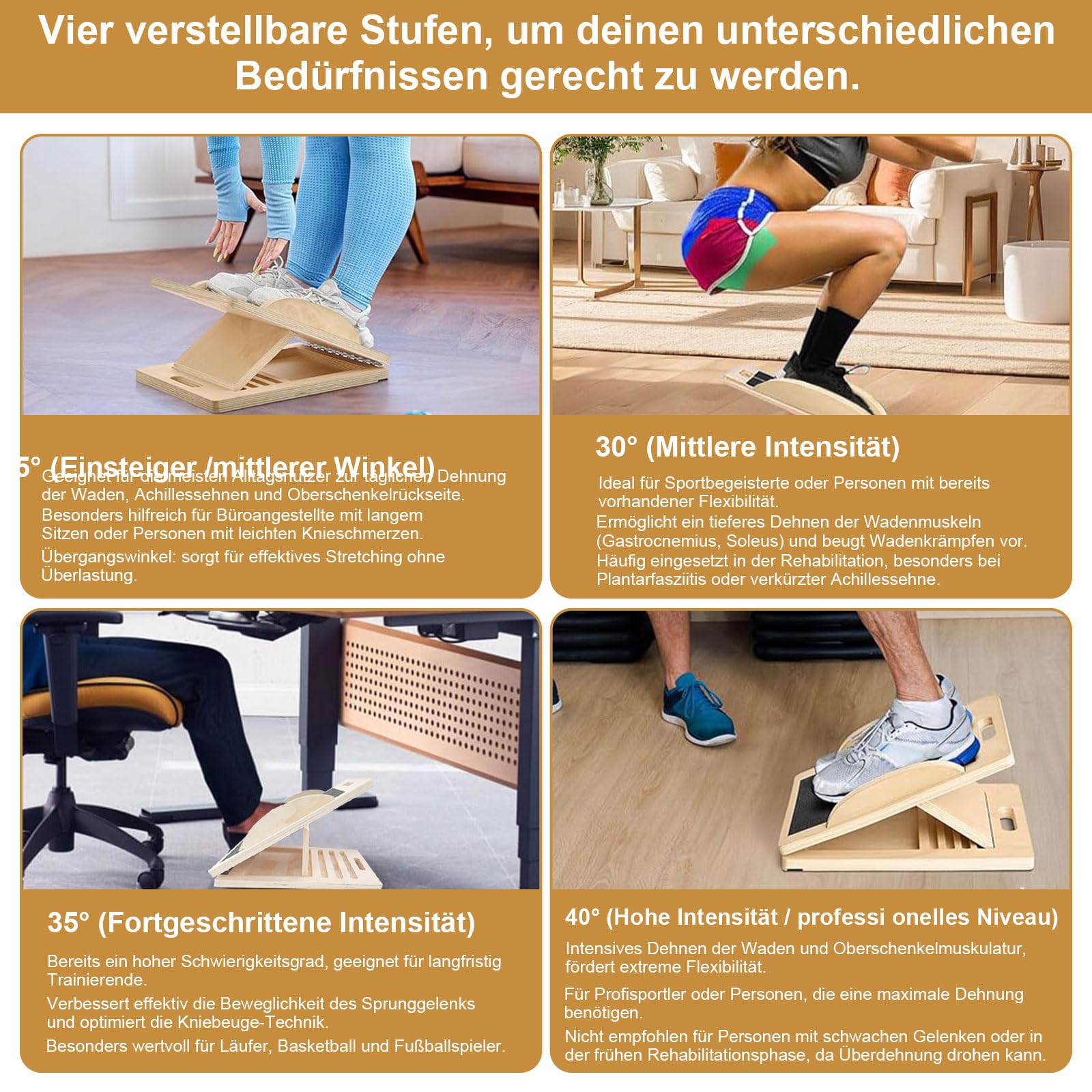 Slant Board regolabile 25°-40°, in legno antiscivolo per esercizi di stretching, Knieretter & Mobility Board per fitness, riabilitazione e palestra