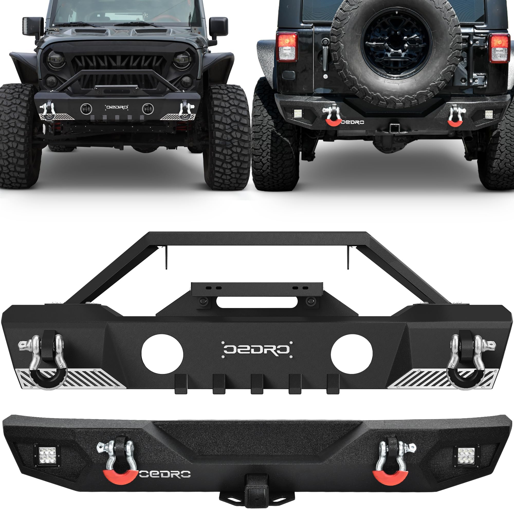 OEDRO Stubby Front and Rear Bumpers Fit 2007-2018 Jeep Wrangler JK & JKU Unlimited, Off Road Bumper w/Fog Light Hole & D-Rings & Winch Plate & Hitch Receiver & 2 X LED Lights
