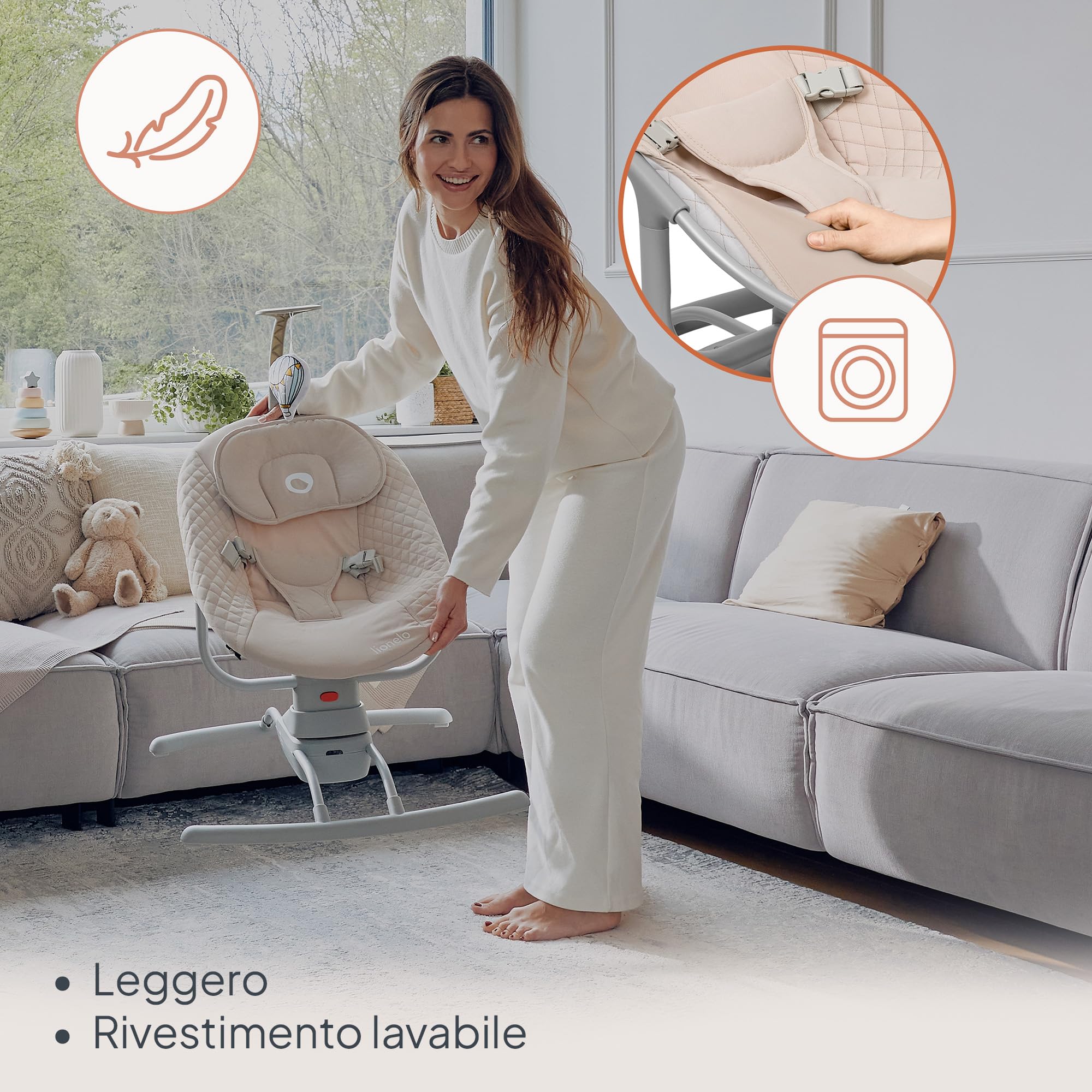 LIONELO RIO Dondolo elettrico per bambini, Schienale regolabile, dondolo a 3 velocità, cinture di sicurezza con cuscino Melodie e suoni della natura Archetto con giocattolo Leggero, fino a 9 kg