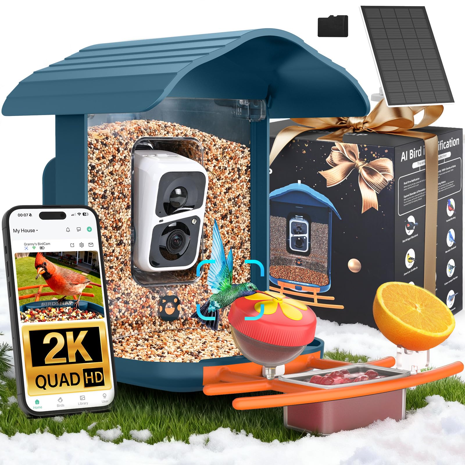 birdsnap PAV-Bird Feeder with Camera 2K HD with 64GB Card AI Identify Smart Bird House Cam Solar Panel