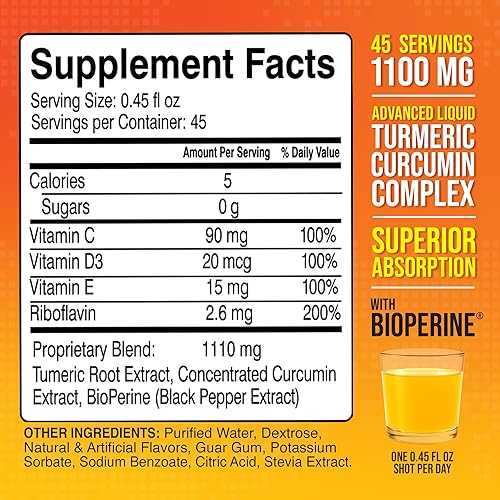 Miniatura 2 de Suplemento vegetariano líquido de curcumina de cúrcuma de 1100 mg con jengibre de pimienta negra BioPerine y vitamina C, D3, E y riboflavina extra