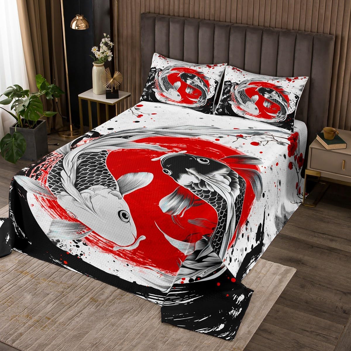 Erosebridal Koi Fish Bedspread Black White Carp Quilted for Man Woman,Red Sun Blossom Floral Coverlet Set Japanese Style Ethnic Kawaii Quilt Set King,Ukiyoe Ink and Water Painting Room Decor