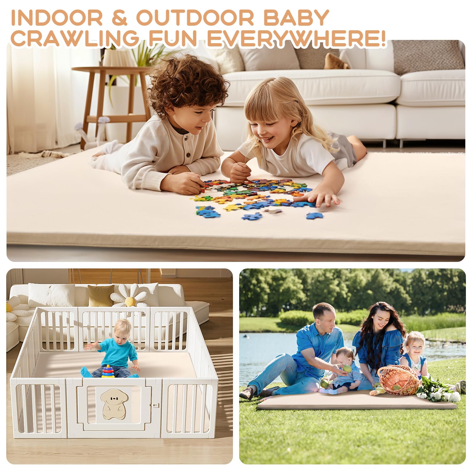 Leder Krabbelmatte Baby 125x125x3cm Beige: Extra Dicke Spielmatte für Baby & Kinder - Weich & Wasserdicht Krabbeldecke für Laufgitter