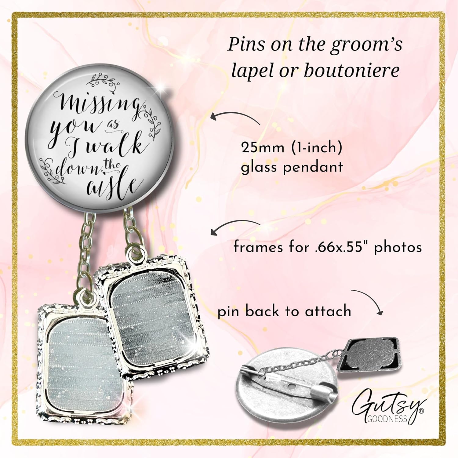 Gutsy Goodness Grooms Boutonniere Lapel Pin Missing You Wedding Day Memorial Photo Charm Parent Grandparent Friend Memory - Personalize Picture in Frame Option - Handmade Mens Brooch - Card Gift Box - Image 5