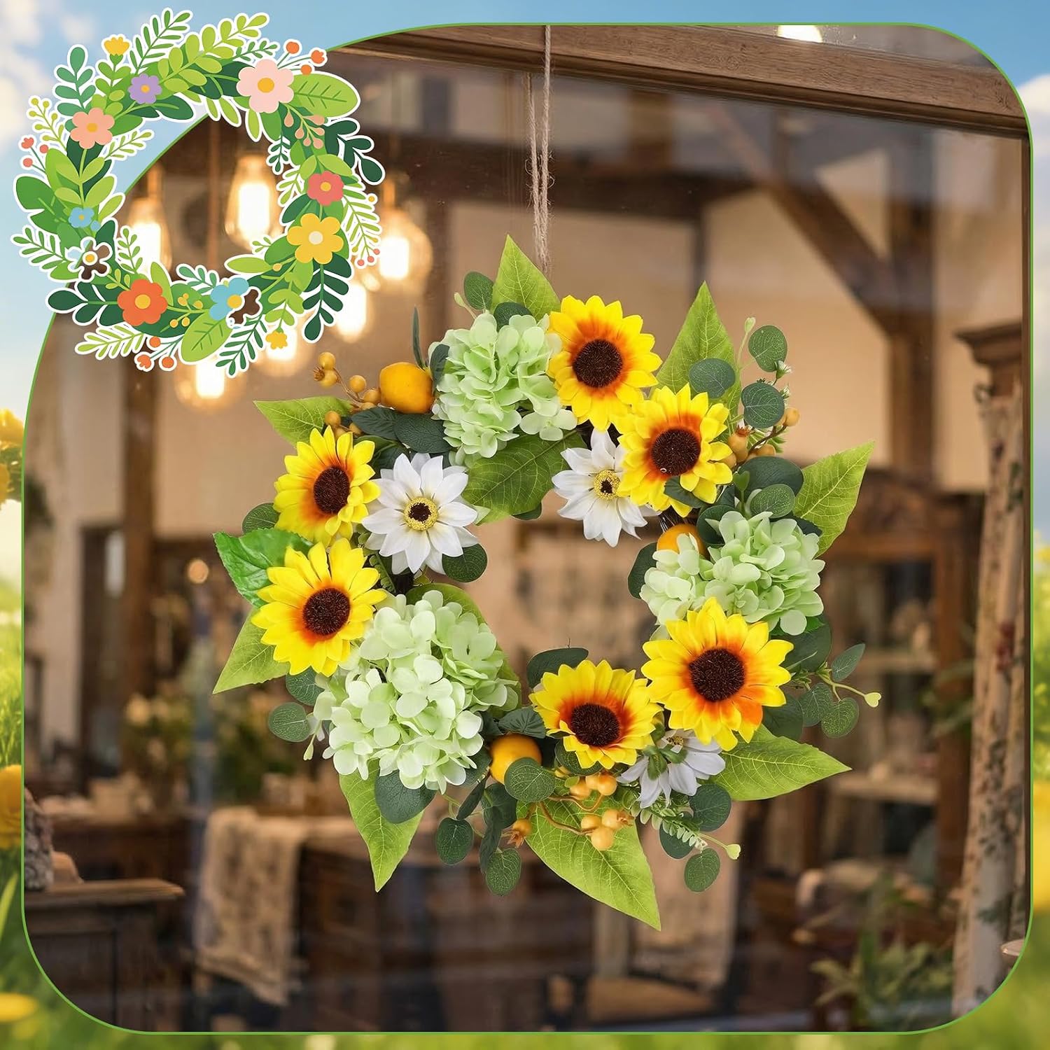 20 Inch Artificial Sunflower Wreath, Faux Sunflower Hydrangea Wreath with Lemons for Front Door, Summer Farmhouse Wall Home Decor