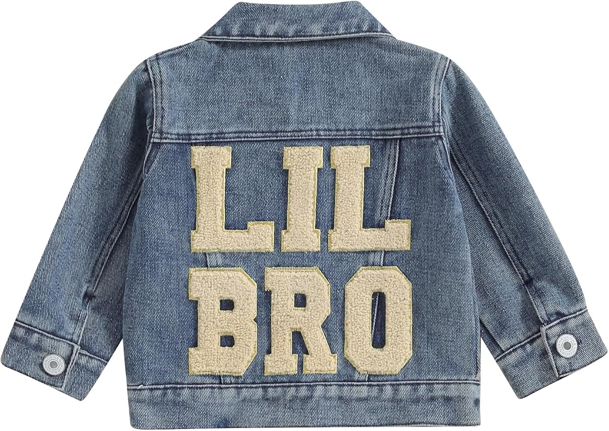 VISGOGO Toddler Baby Girl Jacket Big Lil Sister/Brother Letter Embroidery Jean Long Sleeve Cardigan Button Denim Coat
