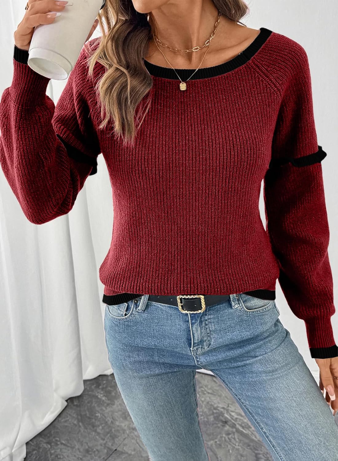 EVALESS Womens Sweaters Crewneck Ruffle Long Sleeve Off The Shoulder Sweater Color Block 2025 Trendy Fall Winter Knit Tops - Image 3