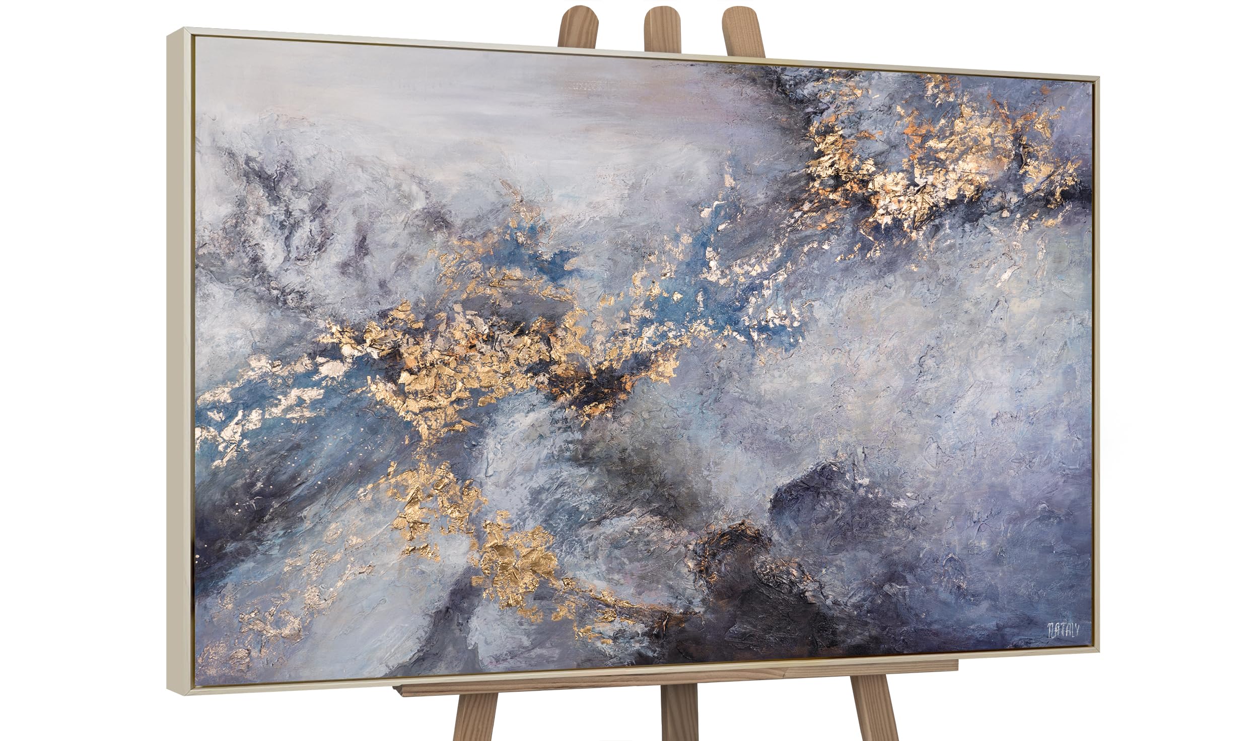 YS-Art Hand-painted acrylic painting on canvas Renaissance Abstract modern artwork Wall art for room gold and blue color Decor With Frame 48x32 inch