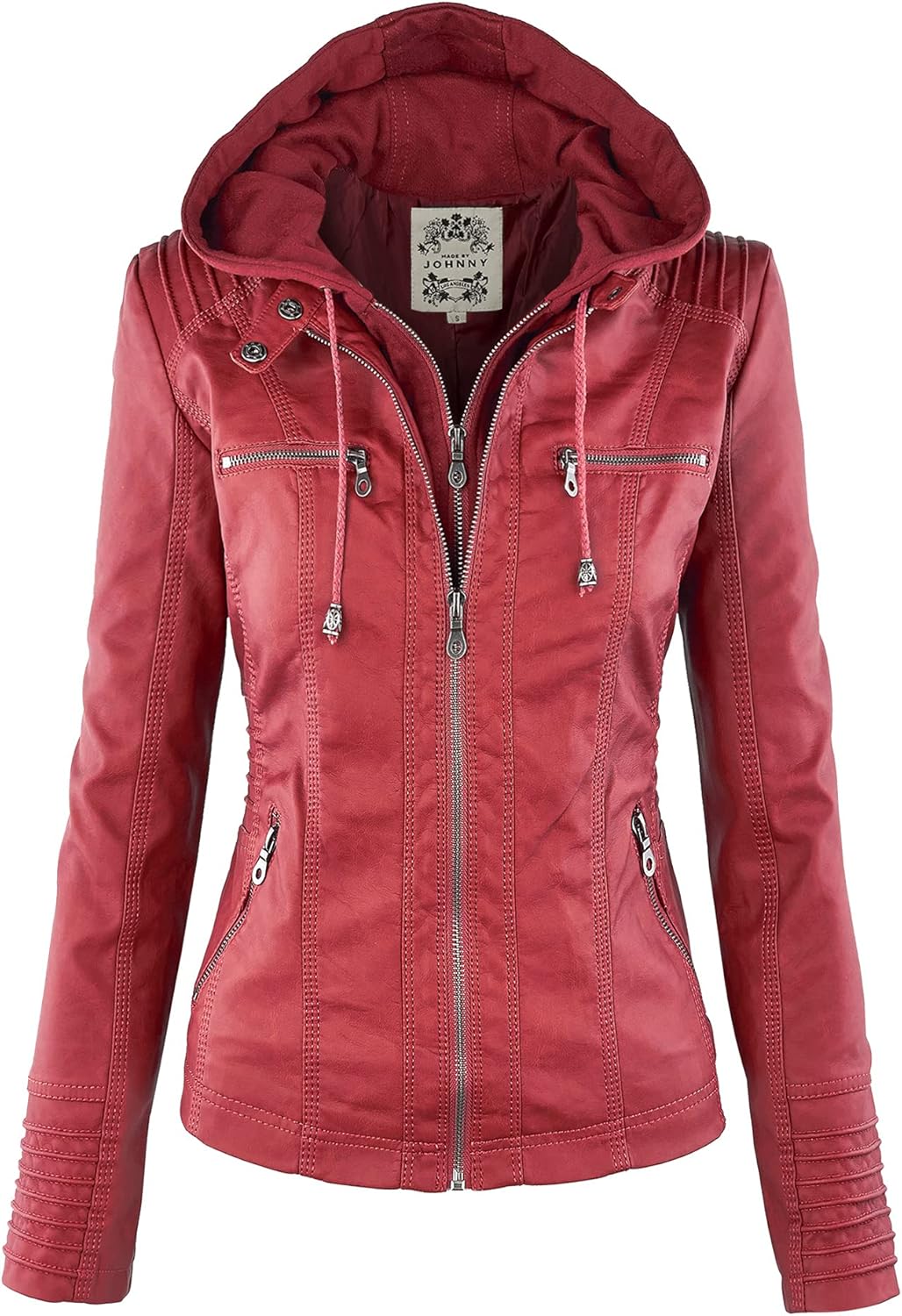 Made By Johnny Faux Leather Jacket Women Motorcycle Coat for Biker with Removable Hood