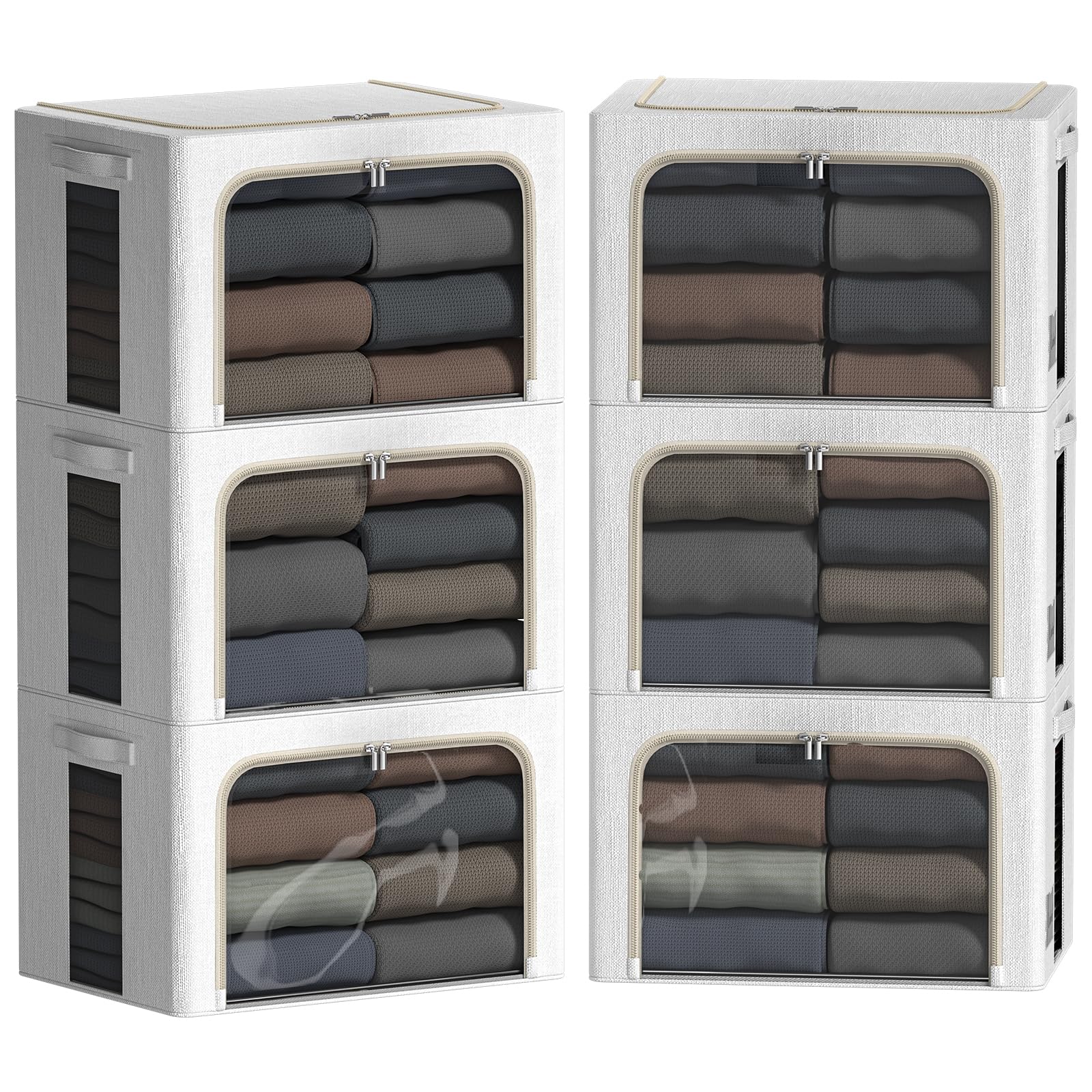 Paquete de 6 contenedores de almacenamiento de ropa con marco de metal, contenedores de almacenamiento plegables para ropa, caja de almacenamiento de tela de lino con ventana transparente de apertura