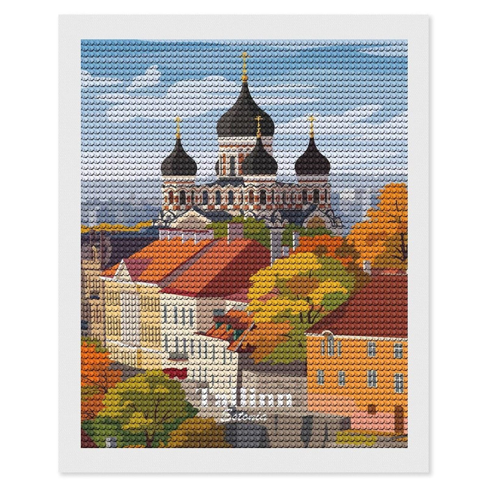 Junmoney Tallinn Estonia DIY Diamond Art Canvas Kit 16"x20", Relaxing DIY, Sparkling Crystal Beads, Vintage Style Decor, Holiday Gift Idea