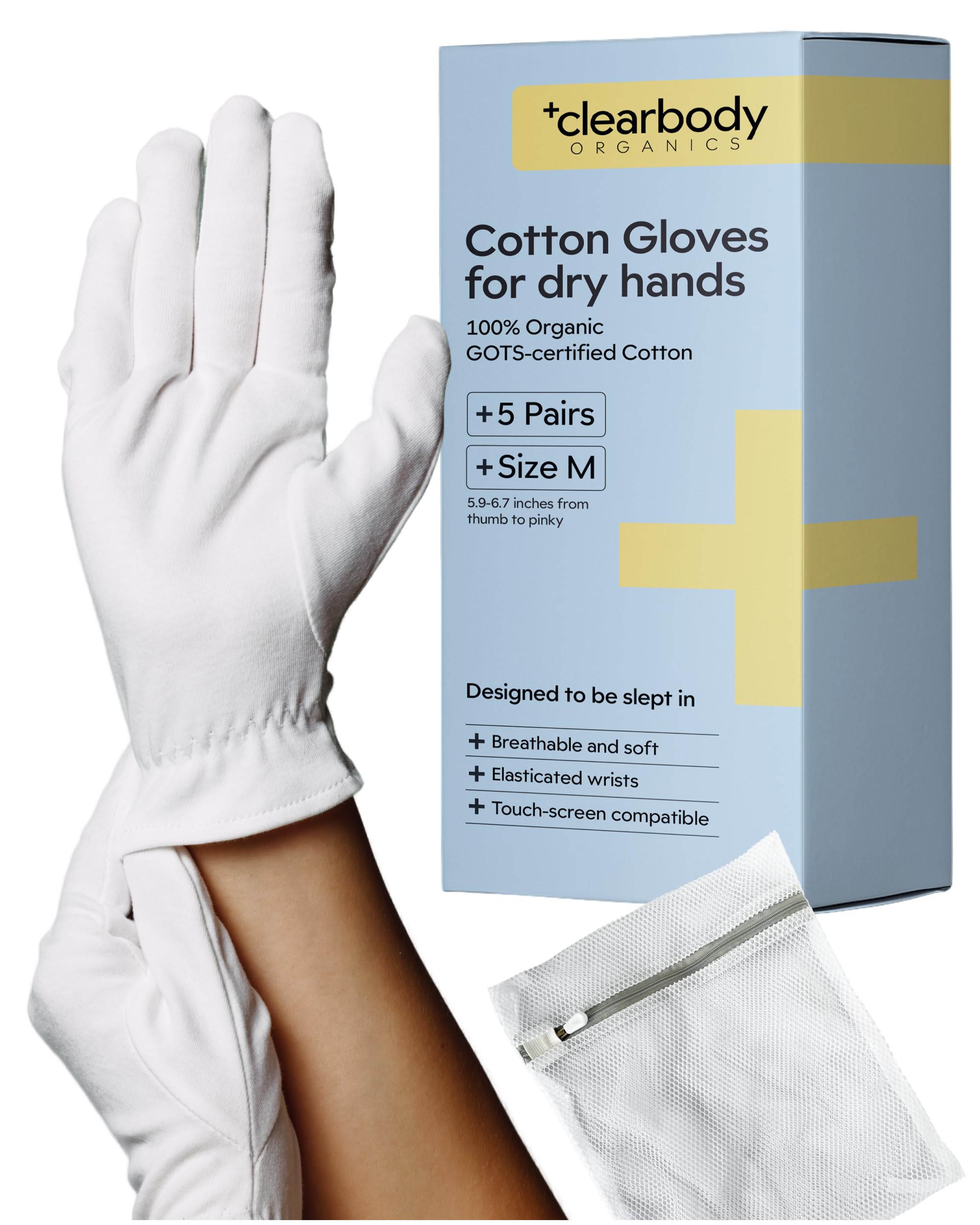 Clearbody Organics 100% Organic Cotton Gloves - 5 Pairs of White Gloves, M - Hand Moisturizer - Sleeping Mitts for Dry Hands - Washable Cotton Liners for Men & Women