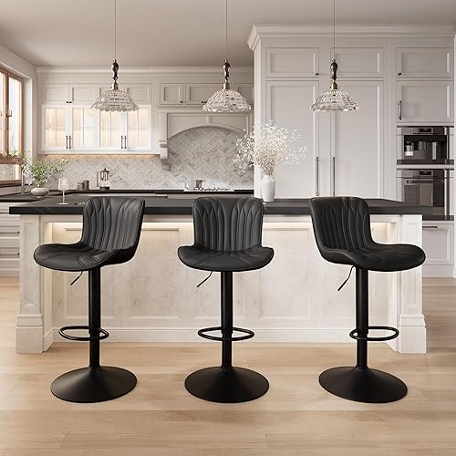 Miniatura 10 de YOUNIKE Juego de 2 taburetes de bar negros tapizados modernos giratorios de altura de mostrador con respaldo ajustable isla de cocina alta de piel