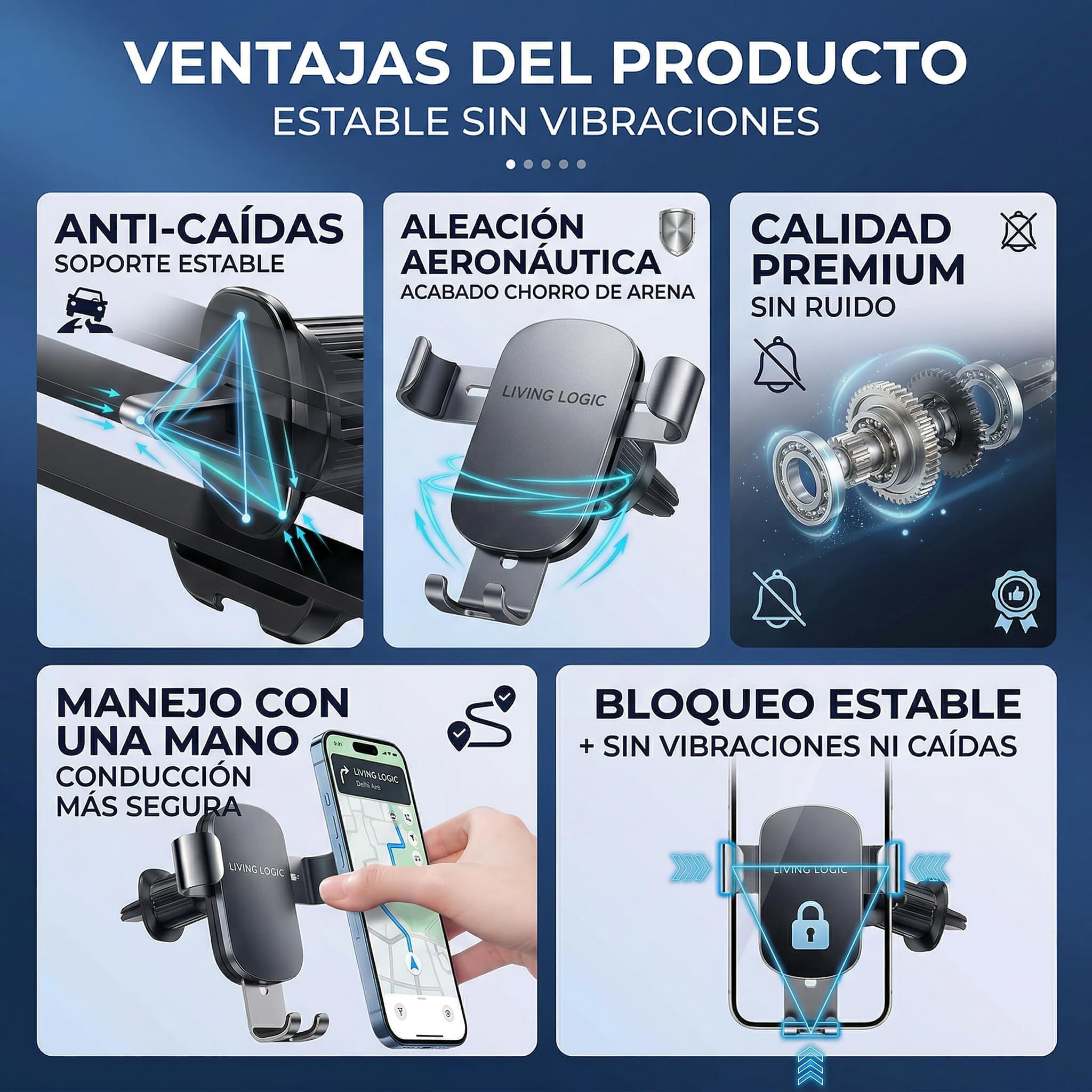 Soporte Móvil Coche Rejilla con Gancho Metálico, Soporte Teléfono Coche 360° con Una Mano, Porta Móvil Coche Universal Compatible iPhone y Android + Rompe Lunas y Corta Cinturón — view 5