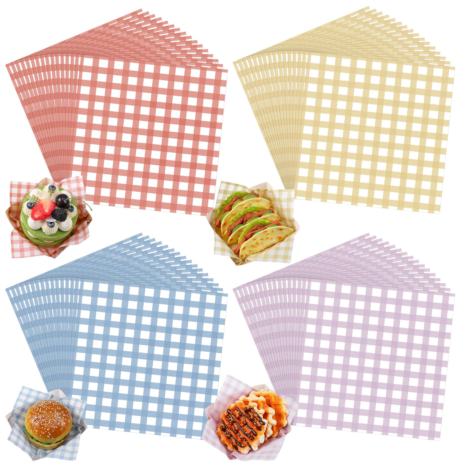 Honeydak 200 Pcs Checkered Wax Paper Sheets 7 x 7 Inch Variety Pack Checkered Deli Paper Sheets Food Basket Liners for Sandwich Burger Greaseproof