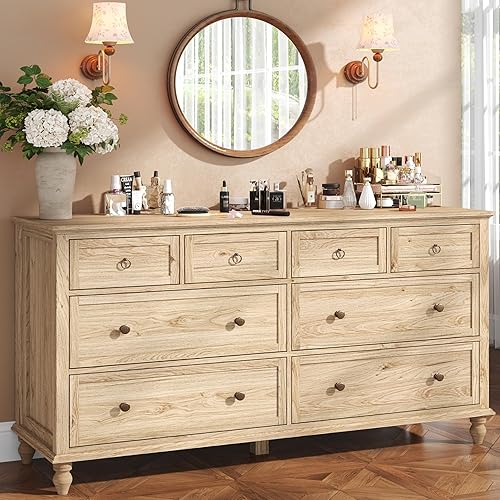 65inch Large Long Drawer Dresser w/Deep Drawers,Rustic Wood 8 Drawer Dresser with Large Capacity for Living Room,Wooden Chest of Drawers for Bedroom,Living Room,Entryway,Oak