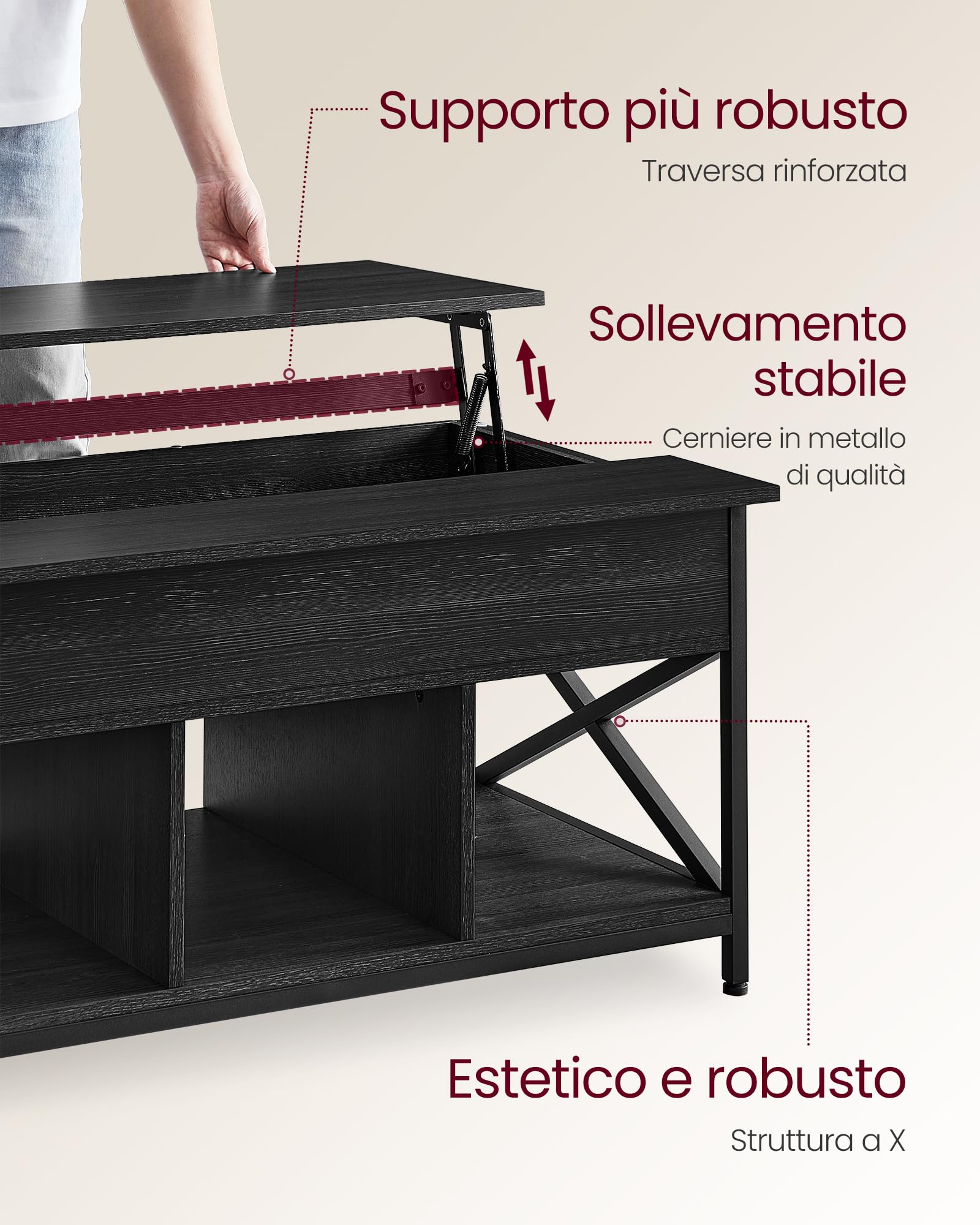 VASAGLE Tavolino da Caffè, Tavolino da Salotto con Piano Sollevabile, Tavolino con Spazio di Organizzatore Aperto e Nascosto, Barre a X, 60 x 100 x (48-62) cm, Grigio Antracite e Grigio LCT205B22