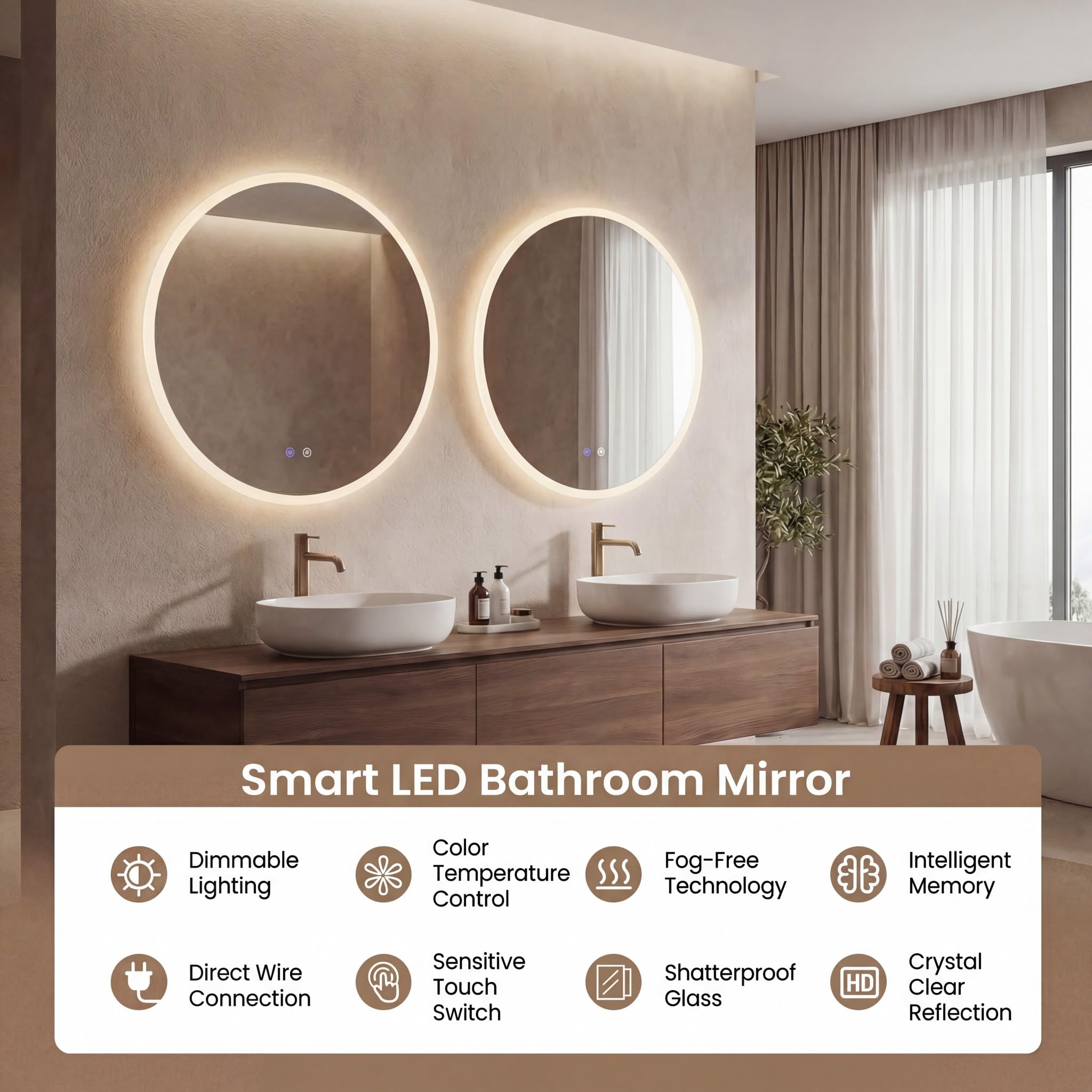 LIFEZEAL Lustro LED do łazienki z 3 kolorami i regulacją jasności, inteligentne lustro z funkcją pamięci, lustro ścienne ze szkła hartowanego do wejścia (70 x 70 cm, styl 1)
