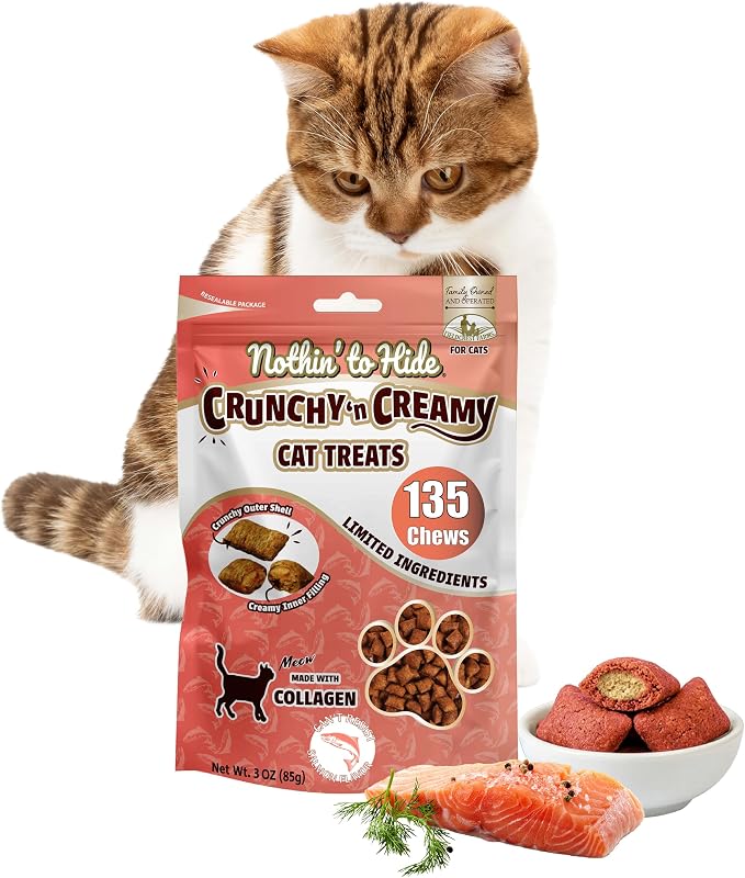 Petisco crocante e cremoso para gatos com sabor salmão Fieldcrest Farms, colágeno, 85 g