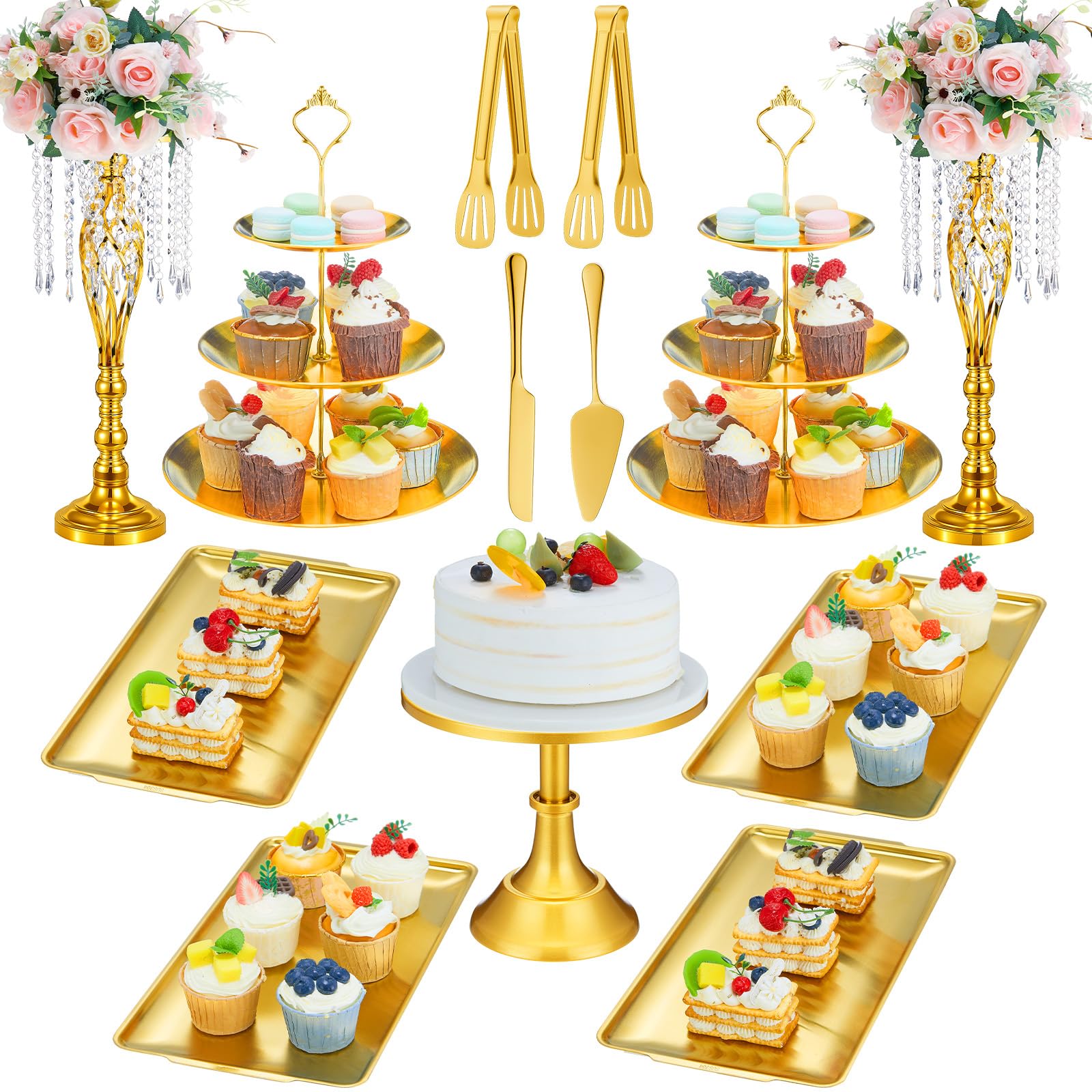 FillTouch 13 Pcs Gold Metal Dessert Table Display Set Including Gold Crystal Fringe Centerpiece Flower Stand, Cake Stand, Dessert Display Stands, Serving Tray, Cutter & Tongs for Wedding, Birthday