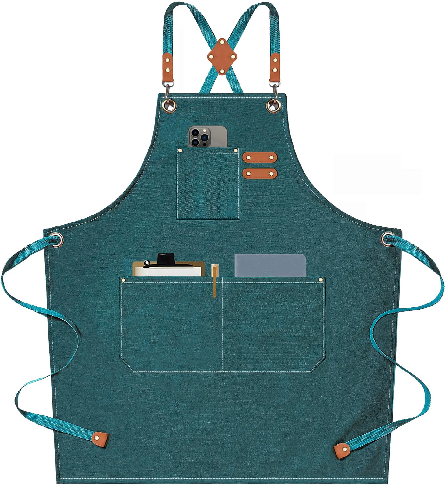 AFUN Chef Aprons for Men Women with Large Pockets, Cotton Canvas Cross Back Heavy Duty Adjustable Work Apron, Size M to XXL (Dark Green)
