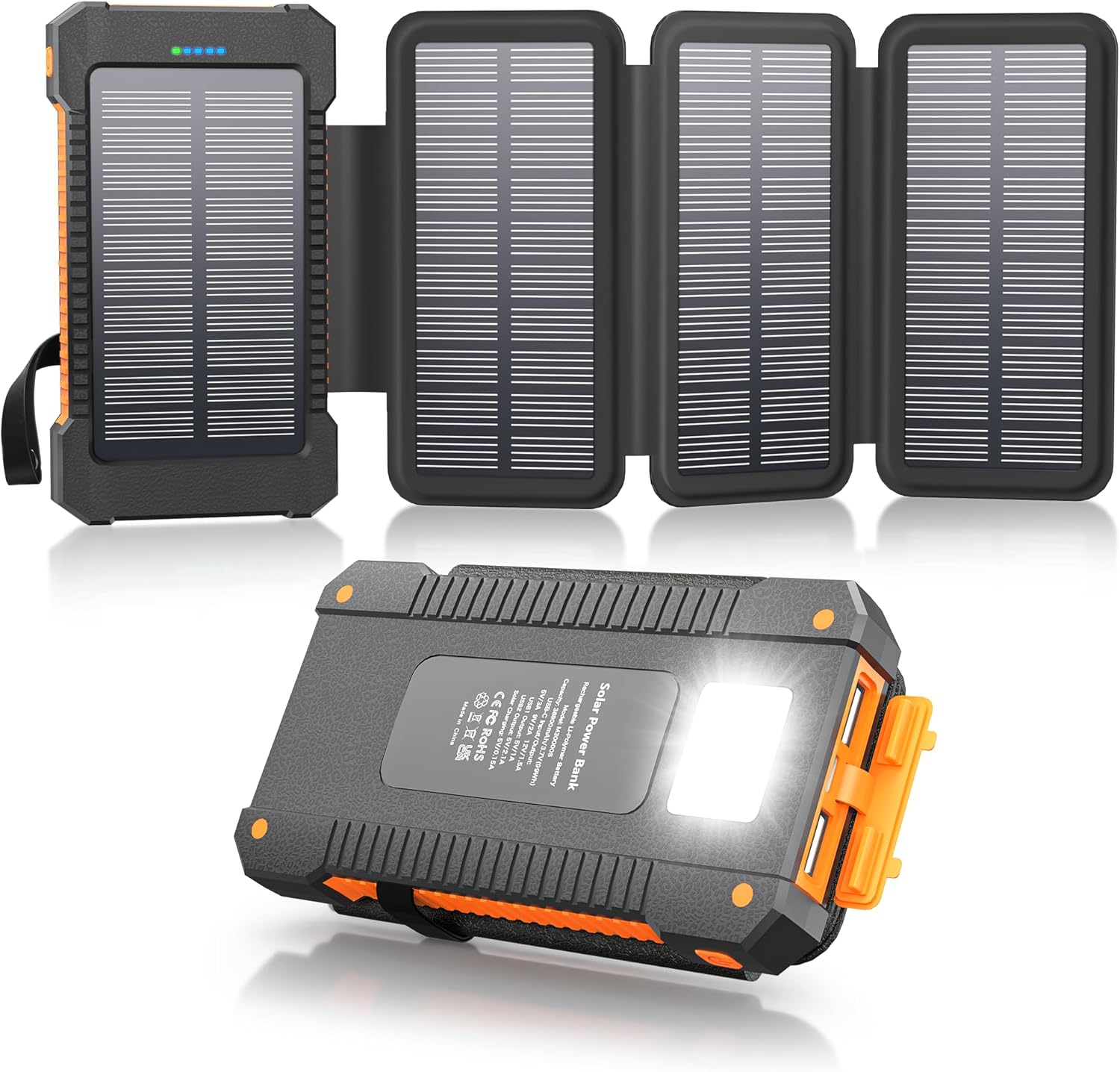 Solar Power Bank 38800mAh with 4 Solar Panels, Portable Charger USB C 18W Fast Charge for iPhone Samsung, IP67 Waterproof Outdoor External Battery Pack with Flashlight Light/SOS/Strobe