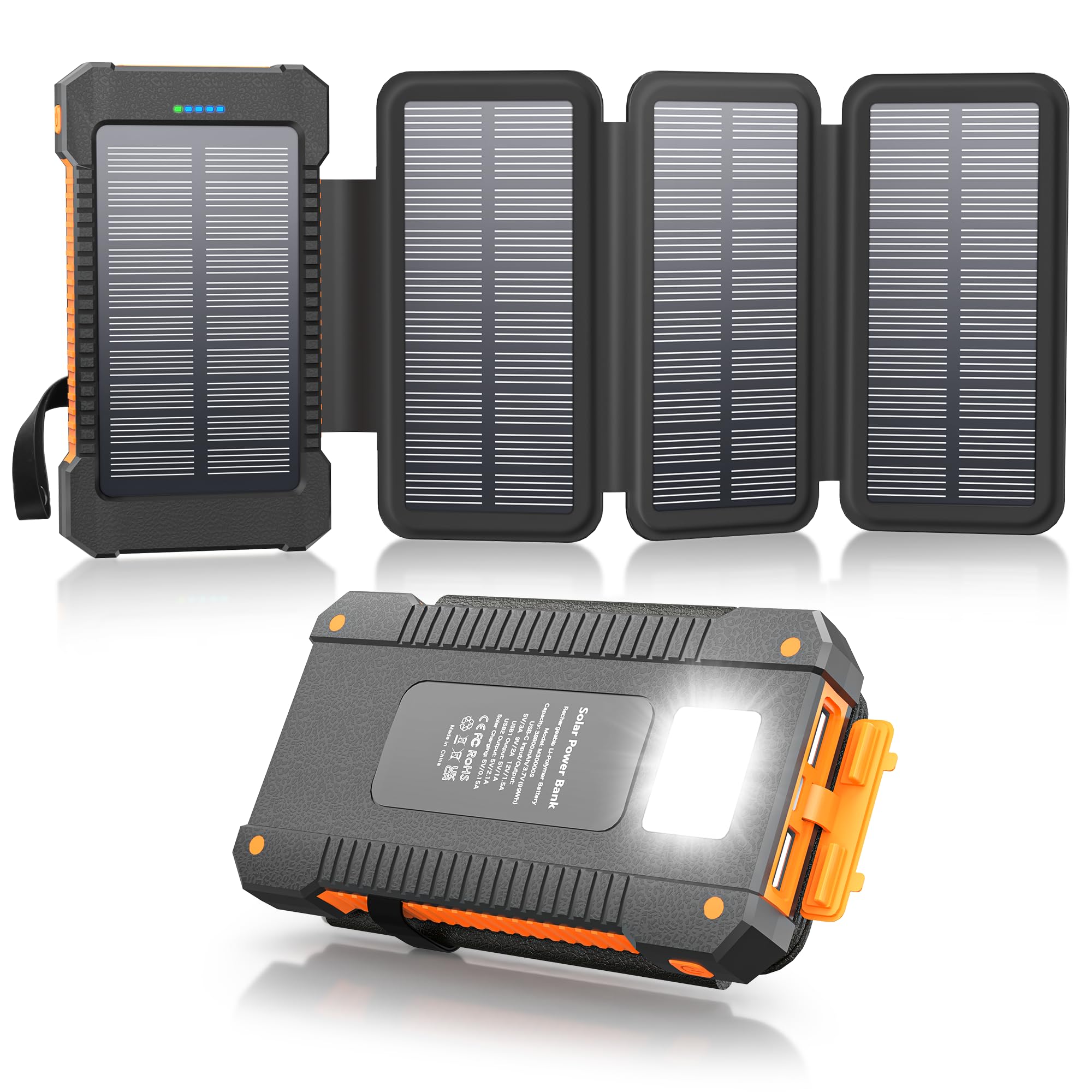 Solar Power Bank 38800mAh with 4 Solar Panels, Portable Charger USB C 18W Fast Charge for iPhone Samsung, IP67 Waterproof Outdoor External Battery Pack with Flashlight Light/SOS/Strobe