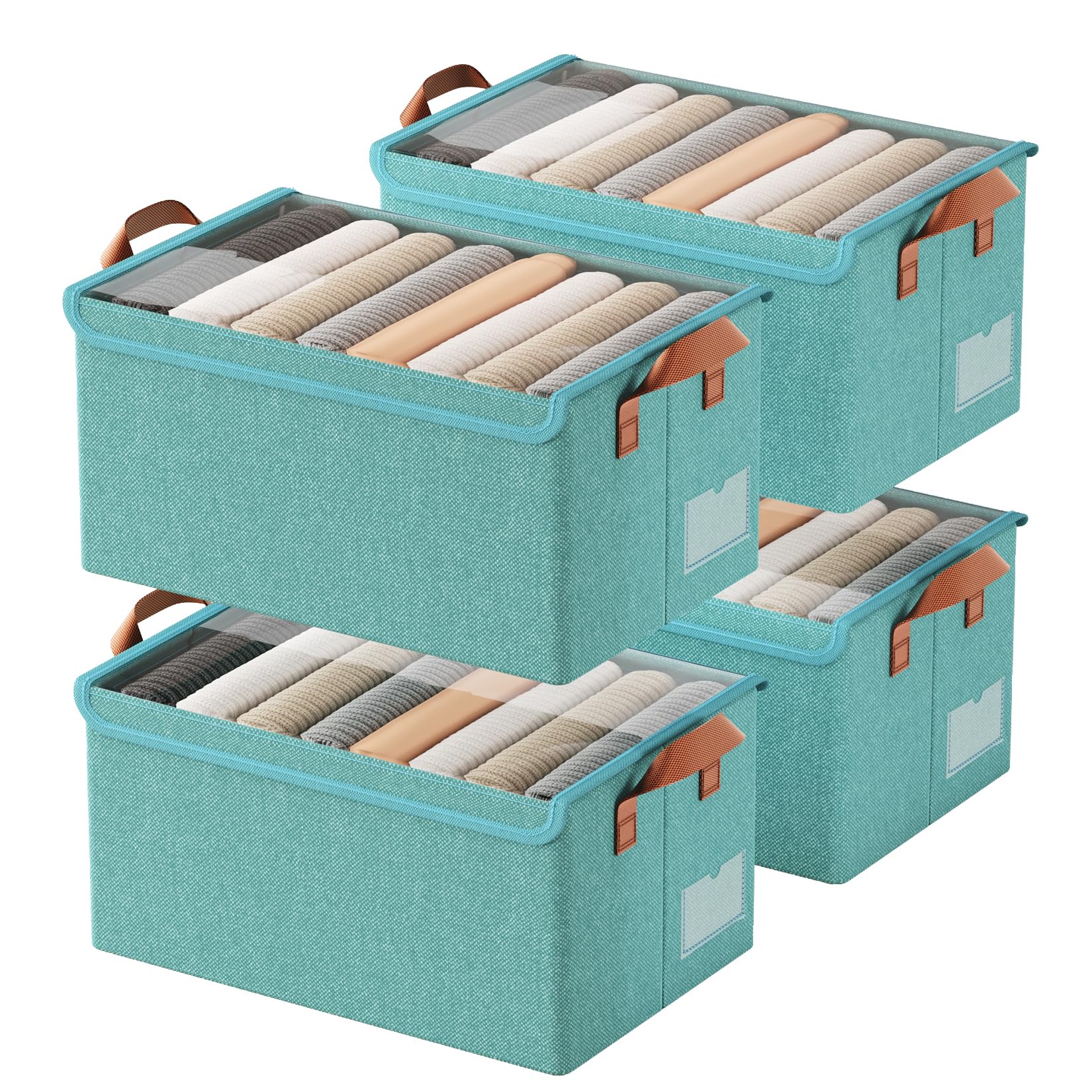 AARAINBOW Wardrobe Clothes Storage Box with Lid & Handle, 4 Pcs Fabric Storage Boxes with Metal Frame, Green Boxes Stackable Foldable Closet Container for Organizing, 23L (4 Green with Lid) — image 1