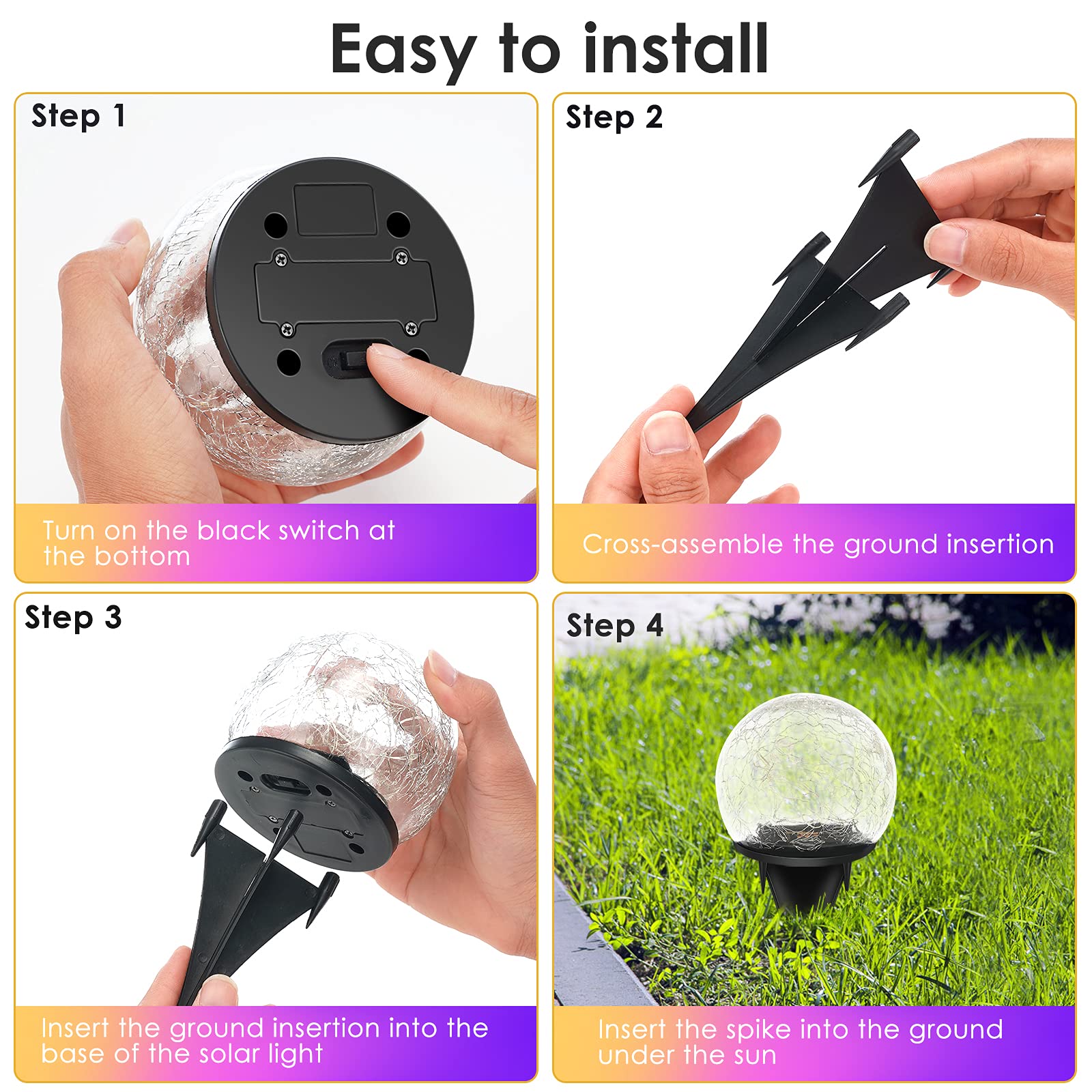 2 Stück Garten Solar Außenleuchten Dekorative Farbige Rissglas Solar Globe Lichter Verbesserte Wasserdicht Mehrfarbige LED Kugel Lichter für Hof, Weg, Terrasse, Weihnachten Außendekoration, 12 cm