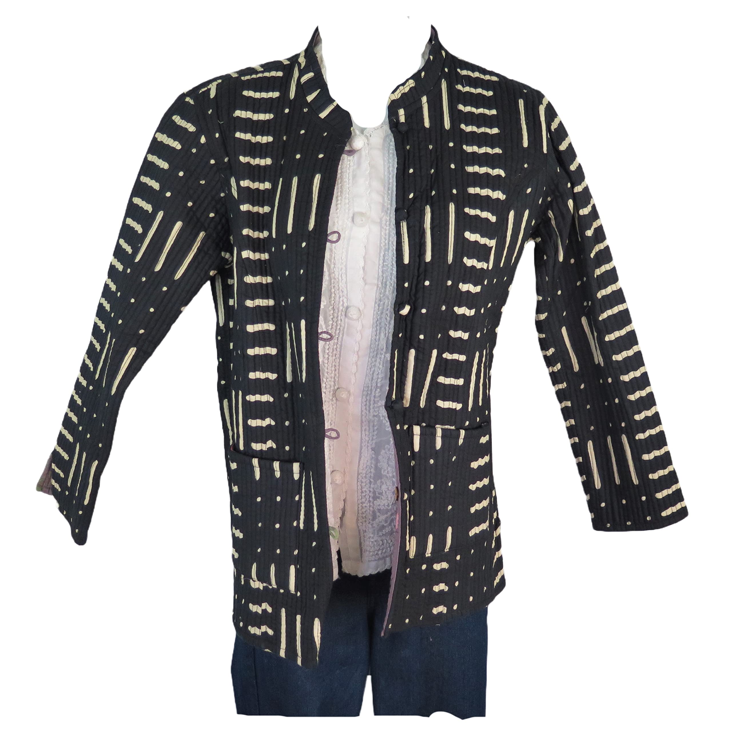 TDbN Jacket | Women's | Short | Quilted | Handmade | Reversible | 2 Patterns | Geometric | Buttons | Black