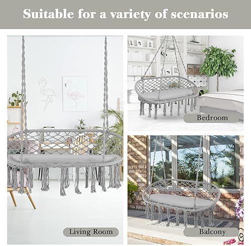 Miniatura 4 de Happygrill Hamaca doble con cojín para 2 personas, máximo 440 libras, estilo platillo, columpio de macramé Beige,Gris
