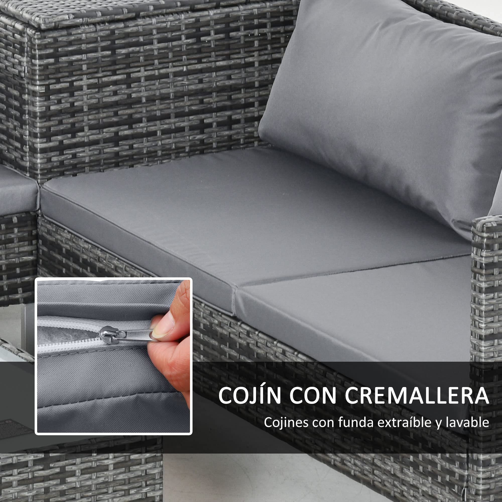 Outsunny Conjunto de Muebles de Jardín de Ratán 4 Piezas 132x69x64 cm Gris | 2 Sofás Dobles, Mesa de Centro, Mesa con Arcón, Cojines Extraíbles, Terraza Patio Exterior, Kit Sofá2 Plazas
