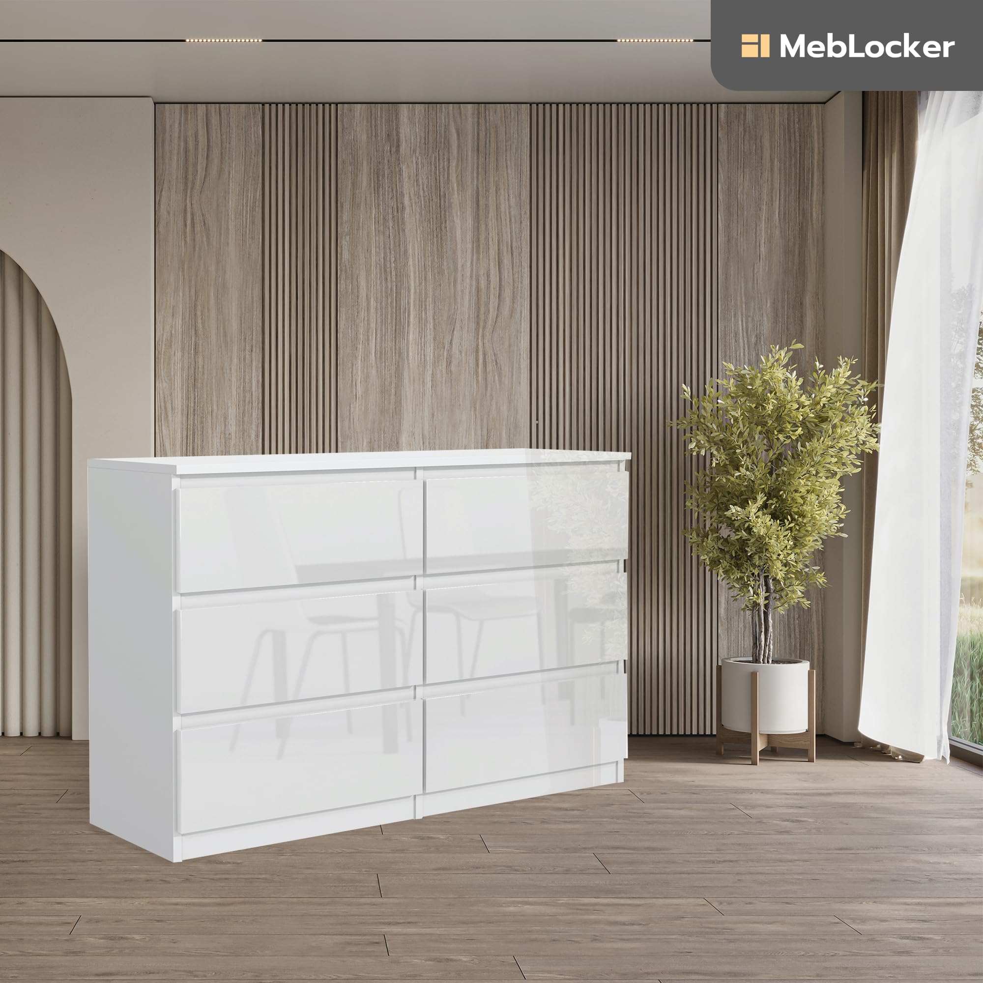 Cassettiera 120 cm, 6 Cassetti, Bianco con Frontali Lucidi | Cassettiera, Mobile Contenitore, Cassettiera Camera, Armadio con Cassetti, Design Moderno 120x80x40 cm