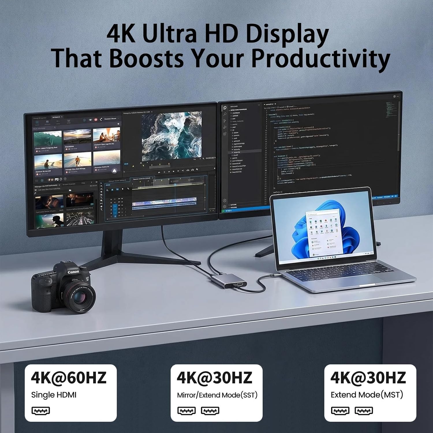 USB C to Dual HDTV Adapter, 4K@60Hz USB C Hub Multiport Adapter with 2xHDMI, USB 3.0, 100W PD, macOS Only Allows Mirror Mode, Windows Allows Multi-Monitor Display 3 Separate Screens