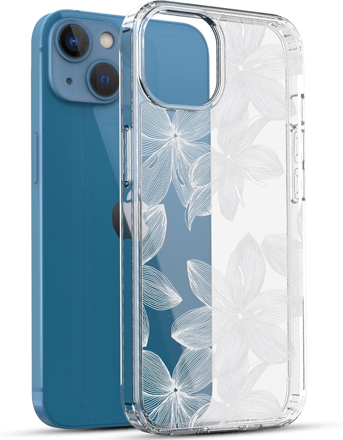 RANZ Compatible with iPhone 13 Case, Anti-Scratch Shockproof Series Clear Hard PC+ TPU Bumper Protective Cover Case for iPhone 13 (6.1") - White Flower - Image 3