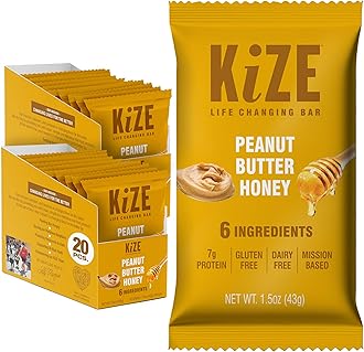 KiZE Energy Bars - Peanut Butter Honey - 20-Count - Gluten Free, Dairy Free, Non-GMO, and High Protein Meal Replacement Energy Bars, Clean and Simple Food Ingredients - 7g High Protein Snacks (20 Count)