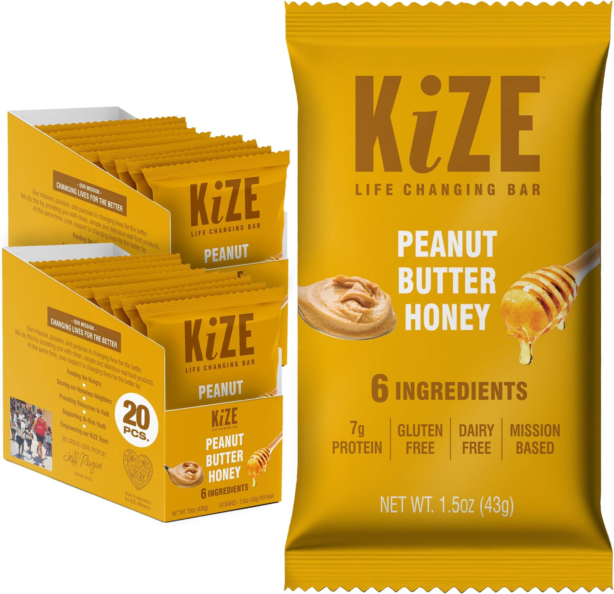 KiZE Energy Bars - Peanut Butter Honey - 20-Count - Gluten Free, Dairy Free, Non-GMO, and High Protein Meal Replacement Energy Bars, Clean and Simple Food Ingredients - 7g High Protein Snacks (20 Count)