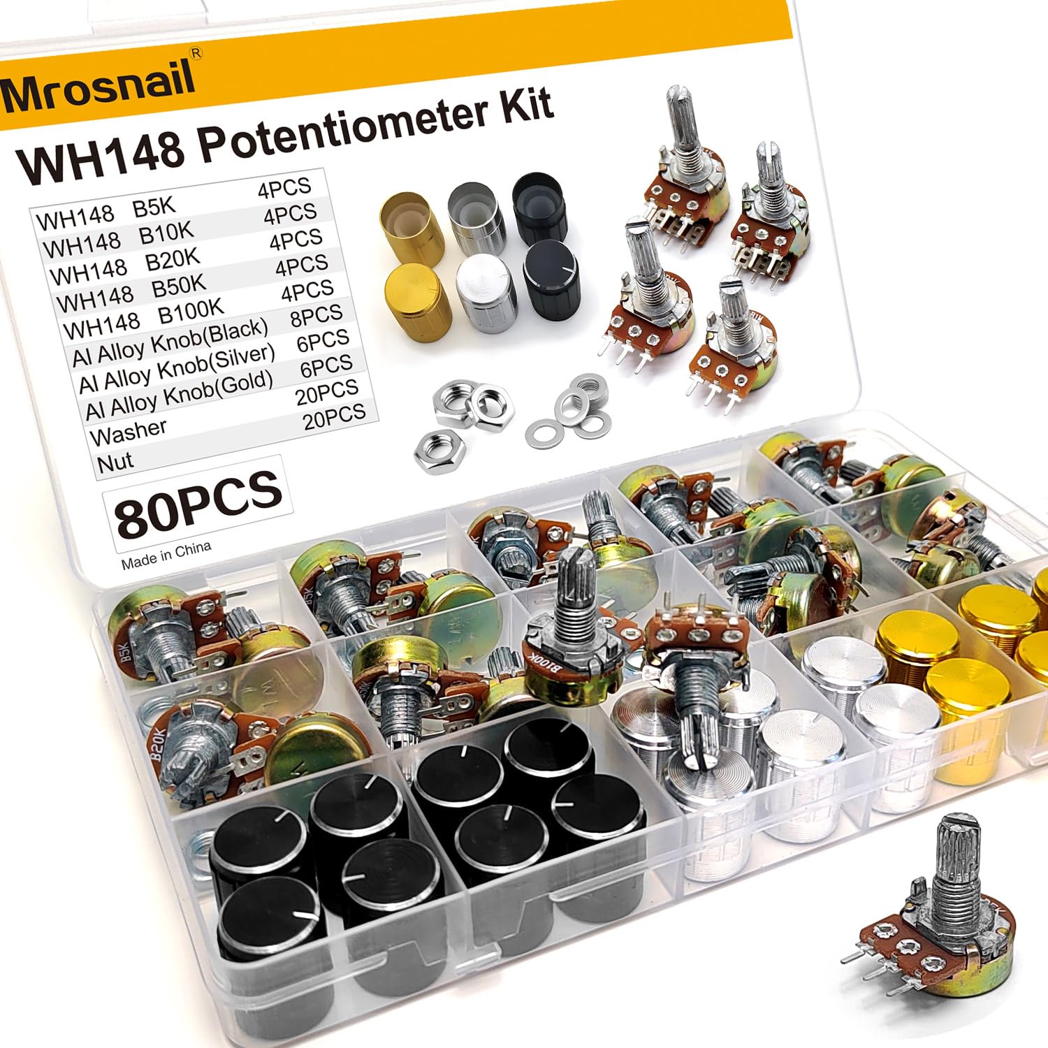 Mrosnail 80PCS Potentiometer Kit, WH148 B5K, B10K, B20K, B50K, B100K 3-Pin Single Link 15mm Potentiometers with Potentiometer Knobs, Nuts, Washers