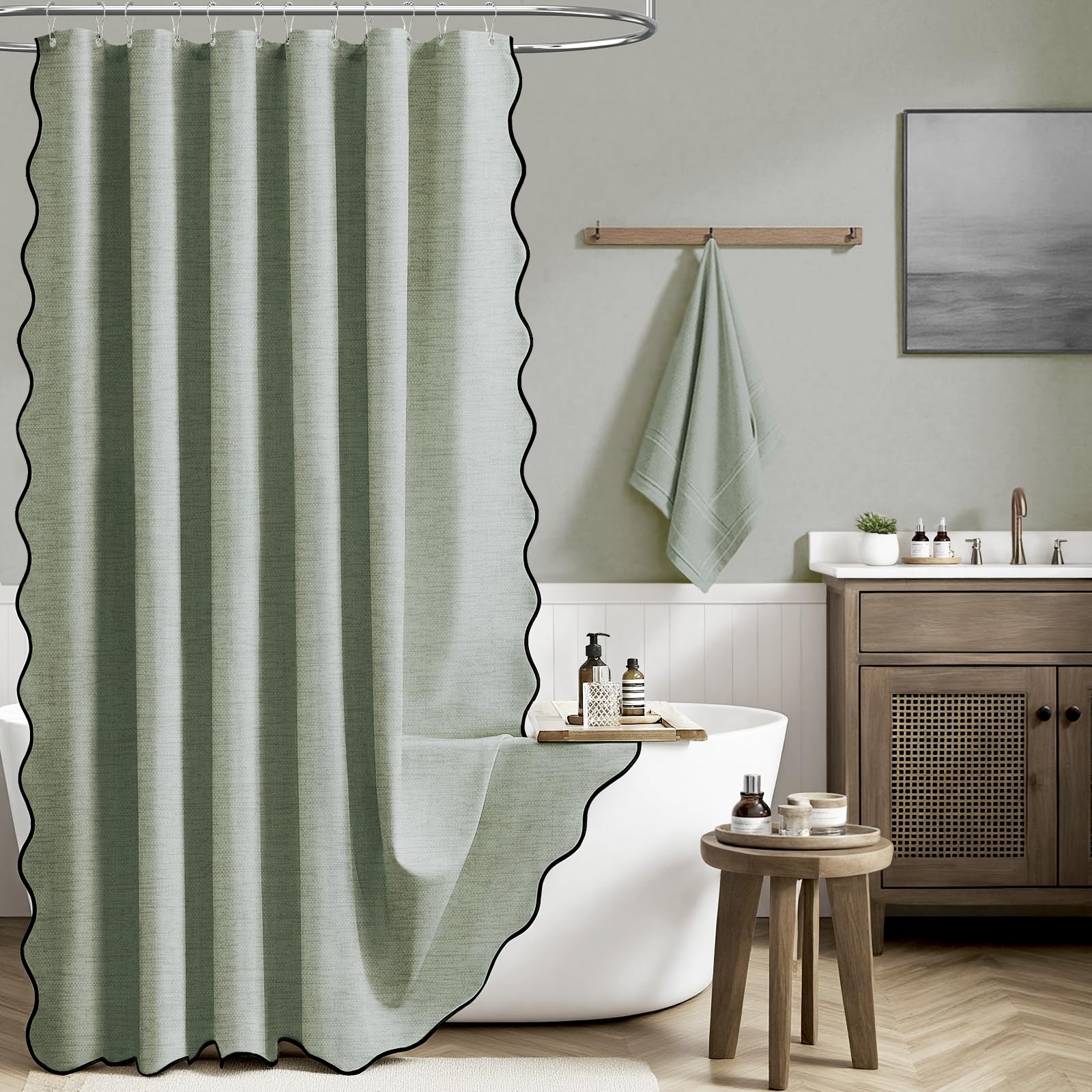 BTTN Sage Green Boho Scalloped Shower Curtain, Linen Look Textured Fabric Bathroom Curtains, Anti-Mould & Waterproof, Weighted Wet Room Shower Curtain Set with 12 Plastic Hooks, 184 x 184cm, Green